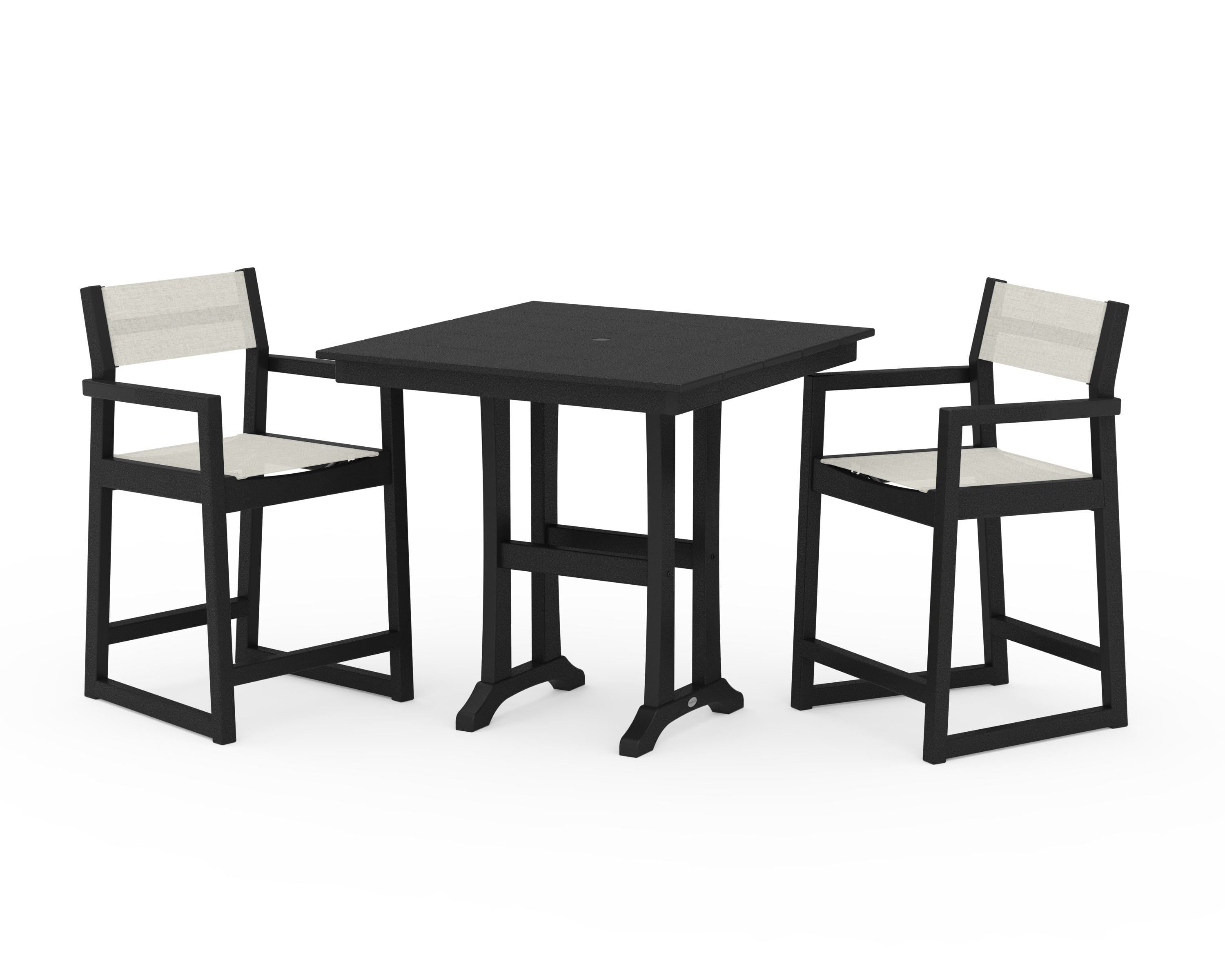 POLYWOOD EDGE Sling Arm Chair 3-Piece Farmhouse Counter Set with Trestle Legs in Black / Parchment Sling