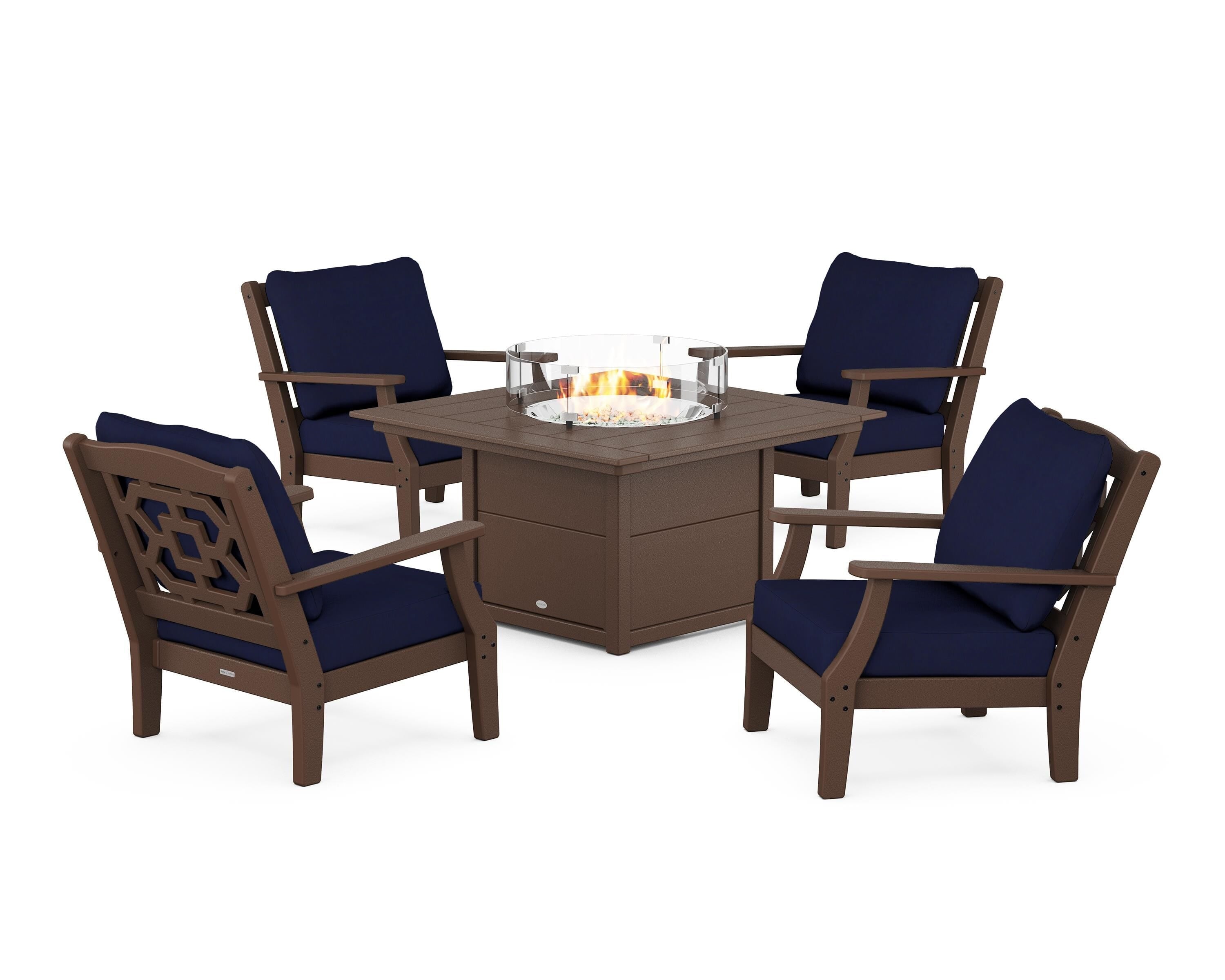 Martha Stewart by POLYWOOD Chinoiserie 5-Piece Deep Seating Set with Fire Pit Table in Mahogany / Navy