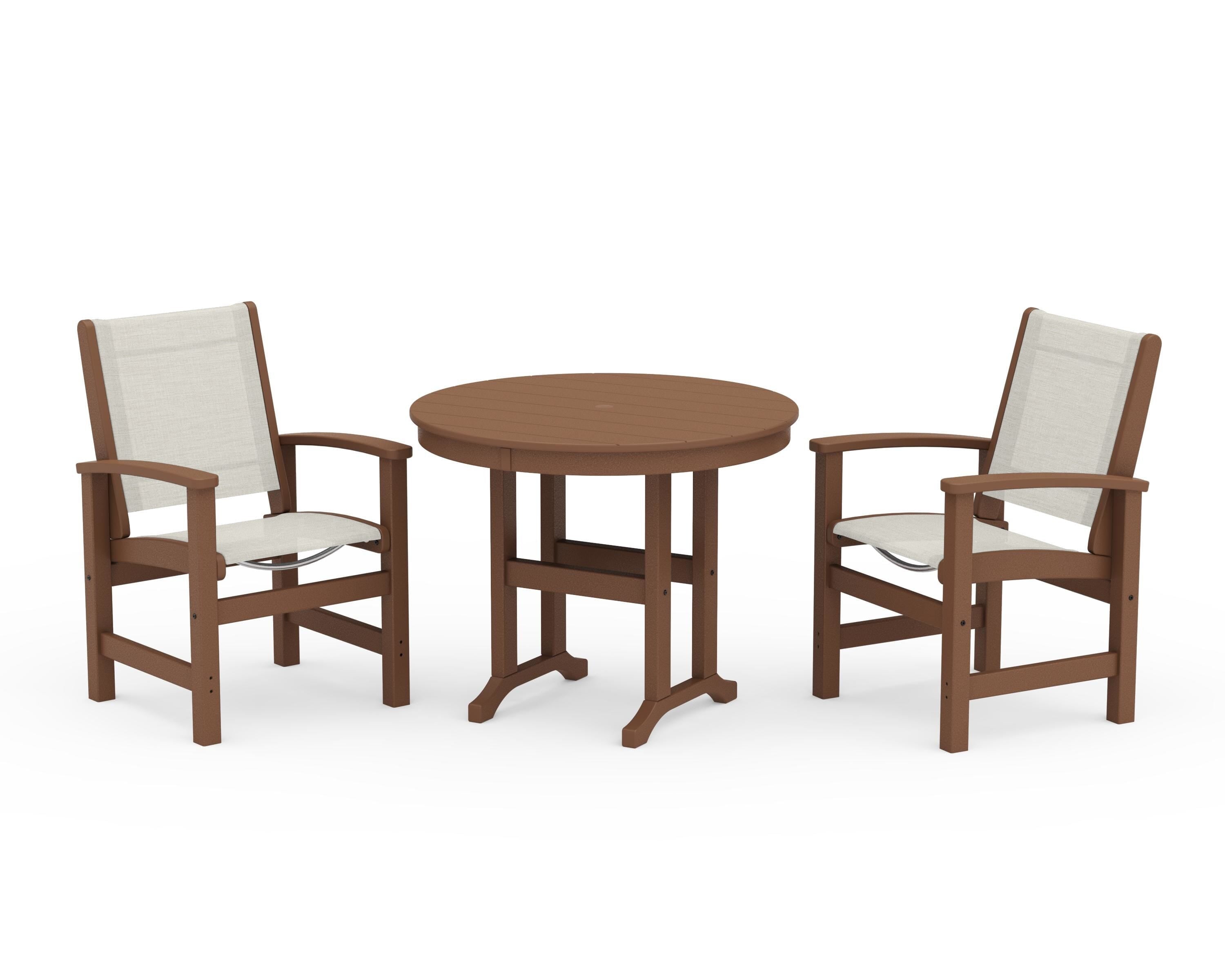 POLYWOOD Coastal 3-Piece Round Dining Set in Teak / Parchment Sling