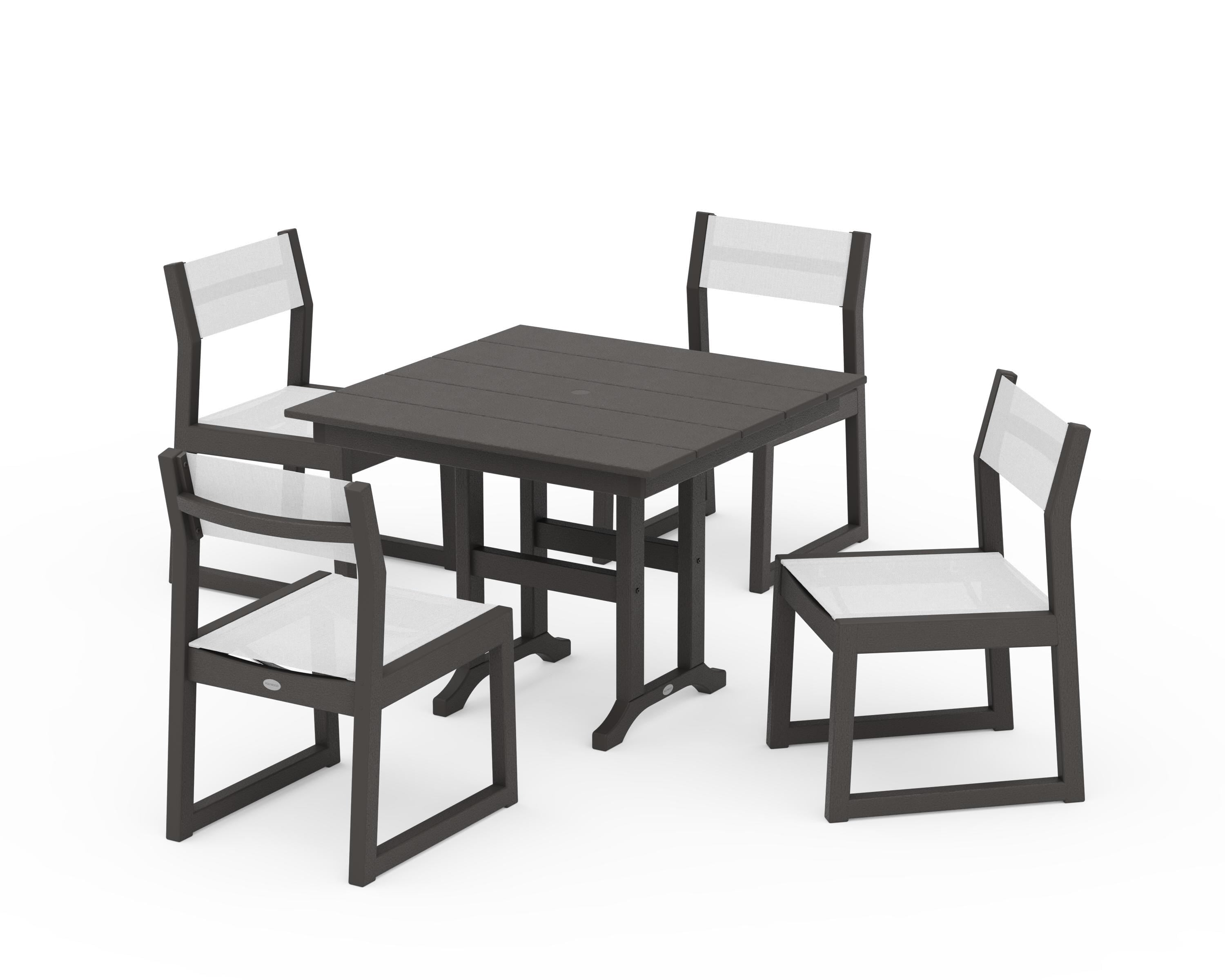 POLYWOOD EDGE Sling Side Chair 5-Piece Farmhouse Dining Set in Vintage Coffee / White Sling