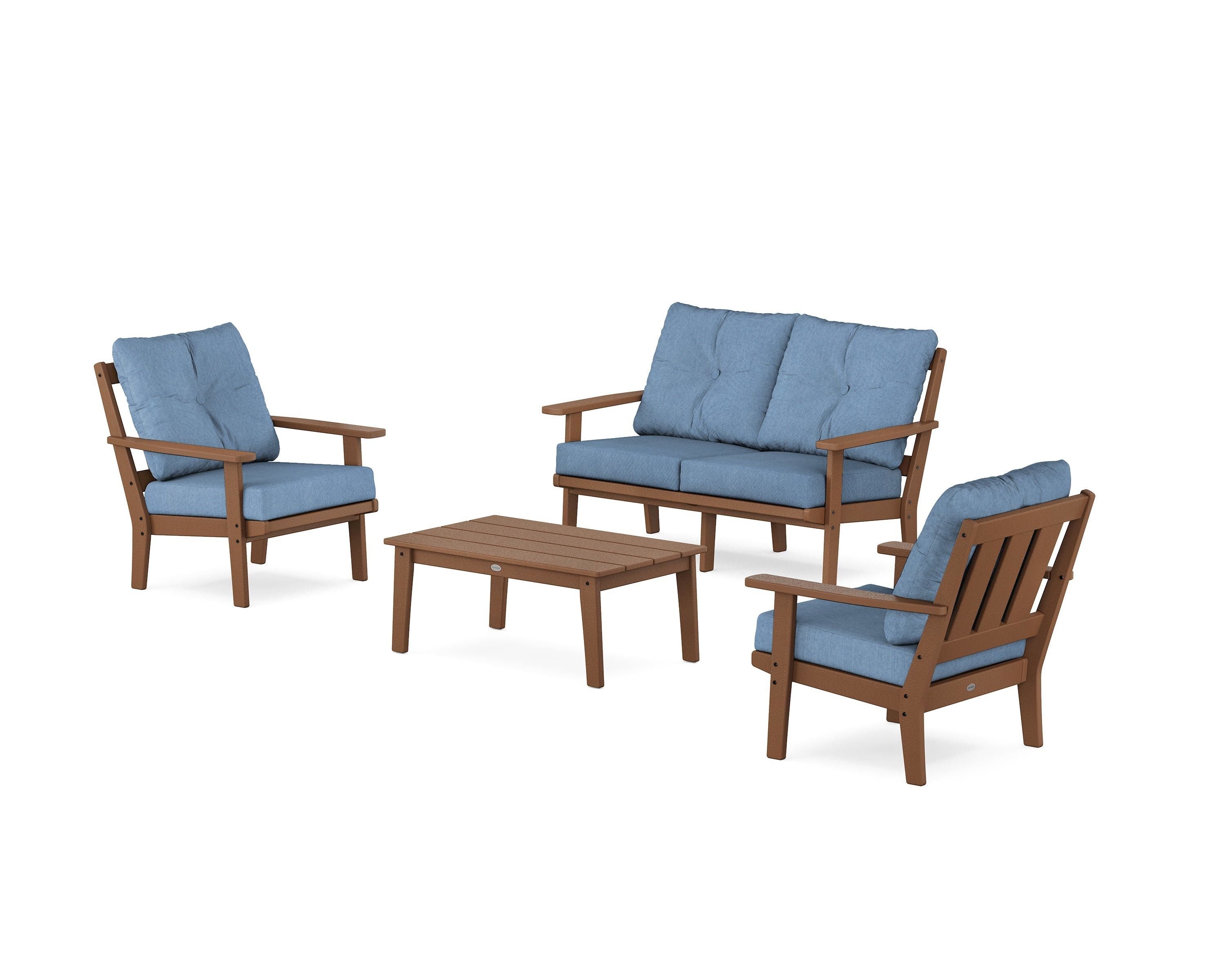 POLYWOOD Oxford 4-Piece Deep Seating Set with Loveseat in Teak / Sky Blue