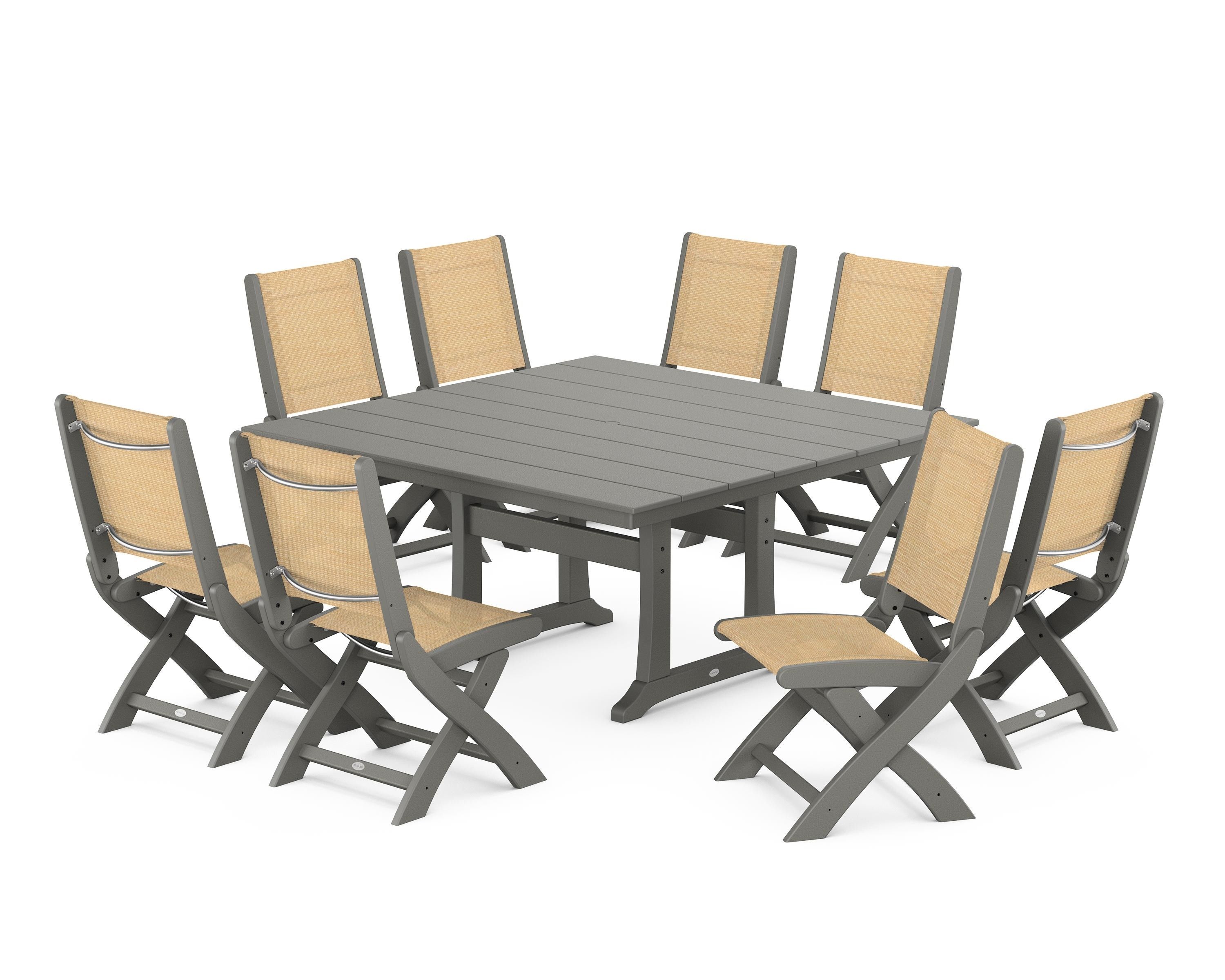POLYWOOD Coastal Folding Side Chair 9-Piece Farmhouse Dining Set in Slate Grey / Dupioni Apricot Sling