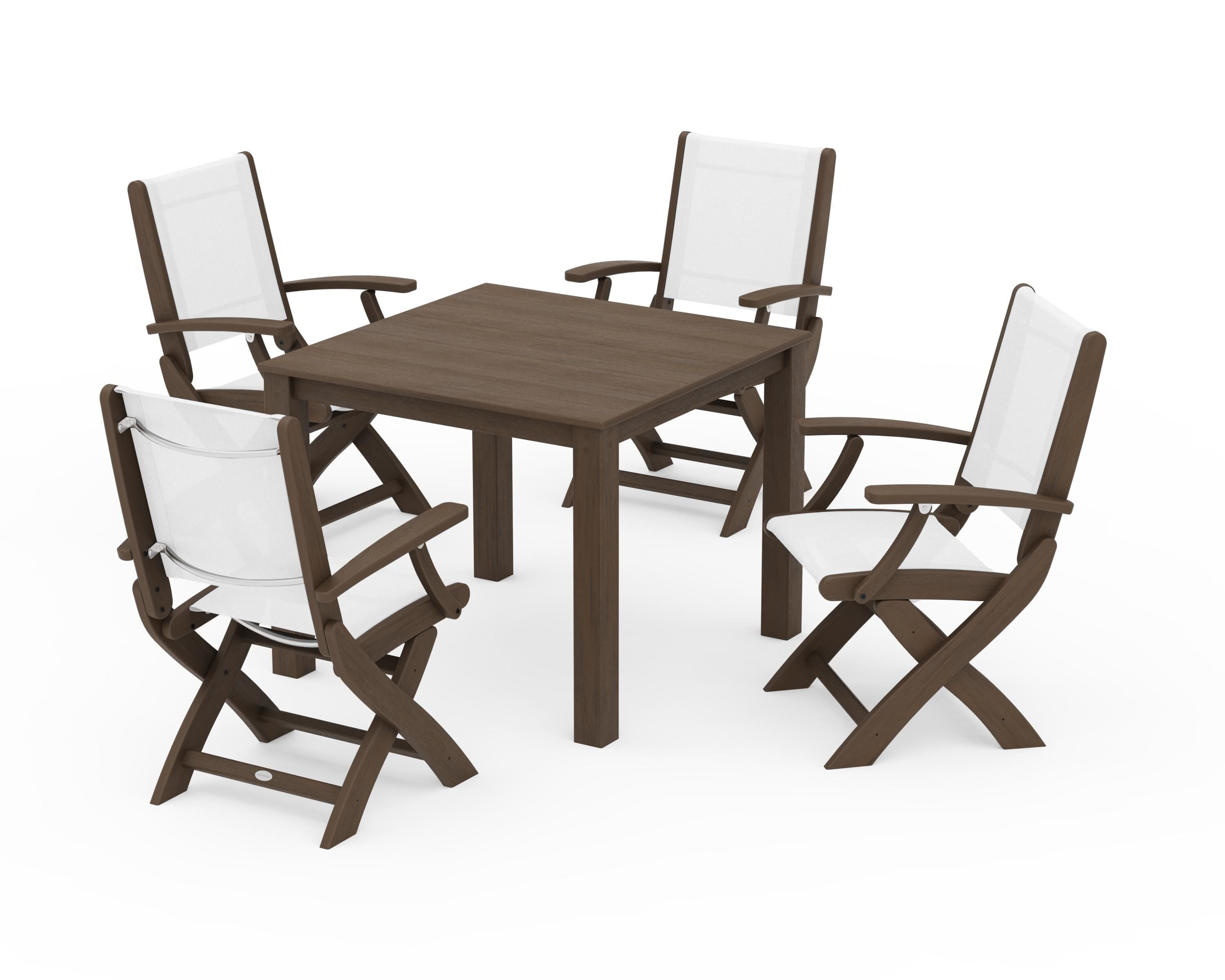 POLYWOOD Coastal Folding Chair 5-Piece Parsons Dining Set in Kona / White Sling