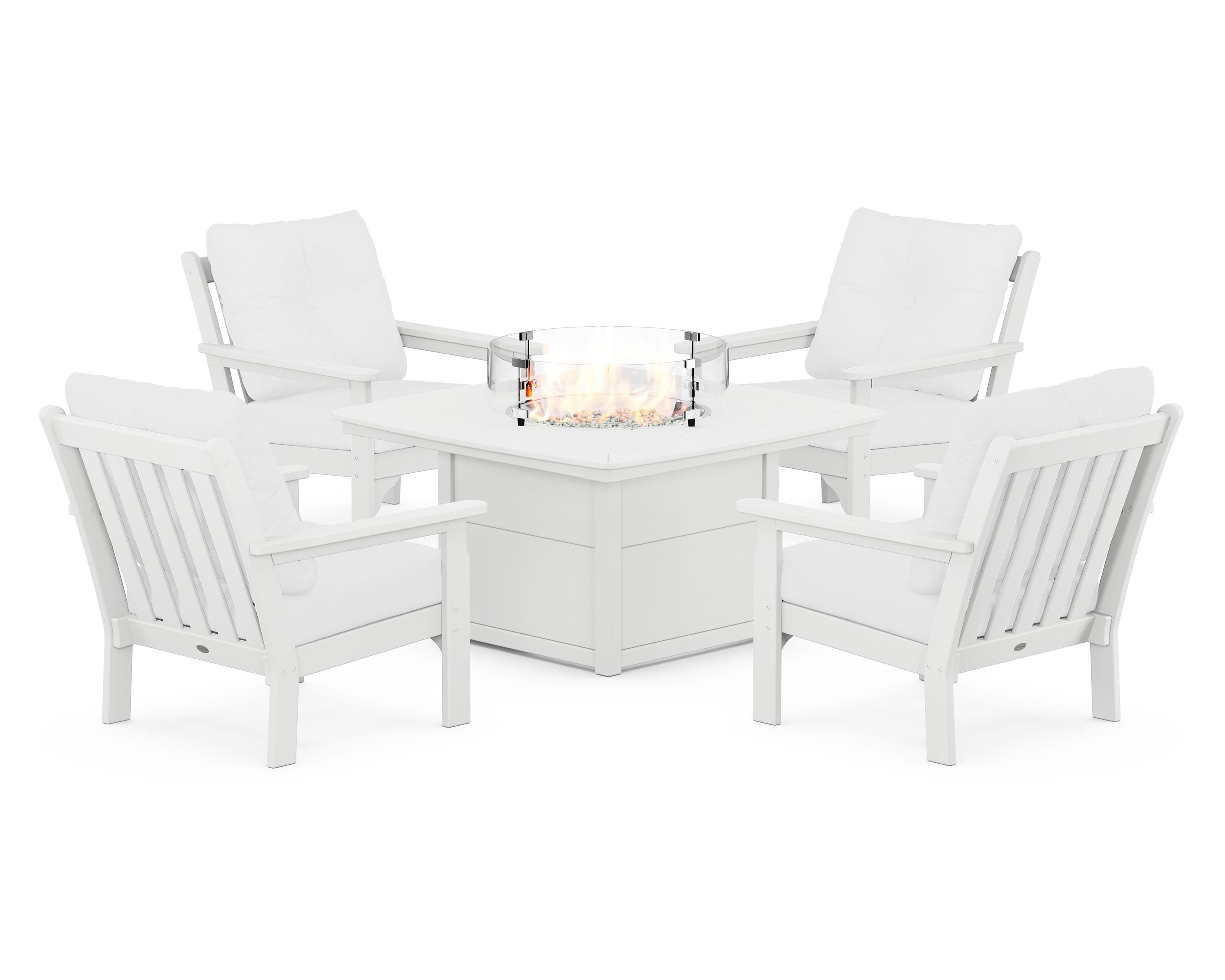 POLYWOOD Vineyard 5-Piece Conversation Set with Fire Pit Table in White / Natural