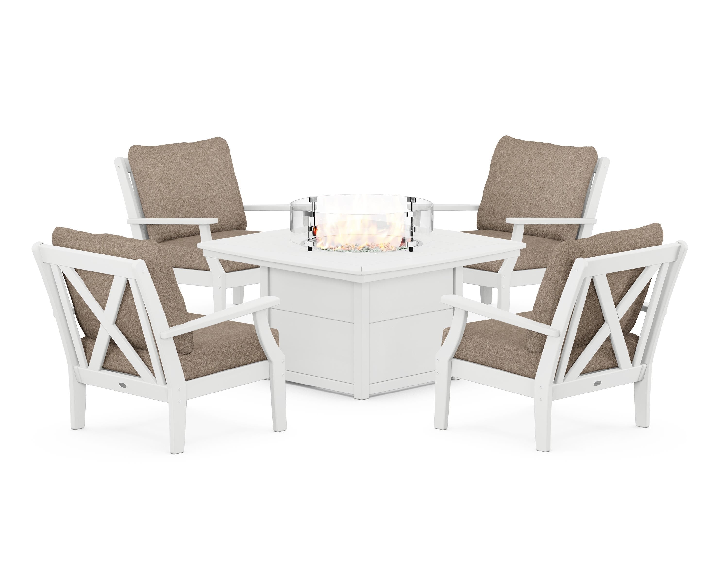 POLYWOOD Braxton 5-Piece Deep Seating Conversation Set with Fire Pit Table in White / Spiced Burlap