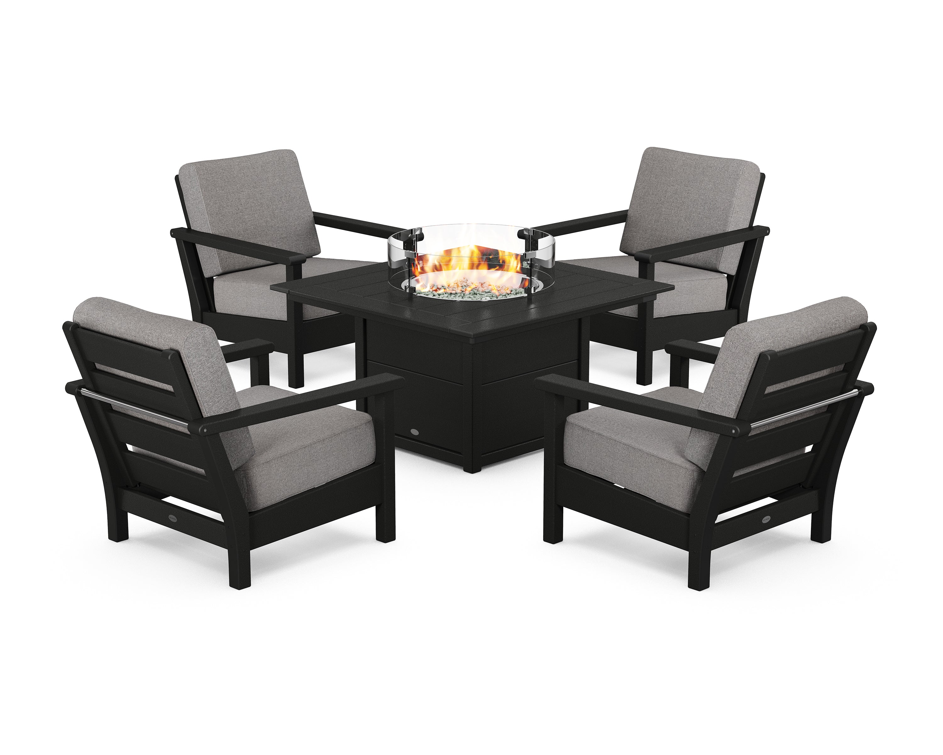 POLYWOOD Harbour 5-Piece Conversation Set with Fire Pit Table in Black / Grey Mist
