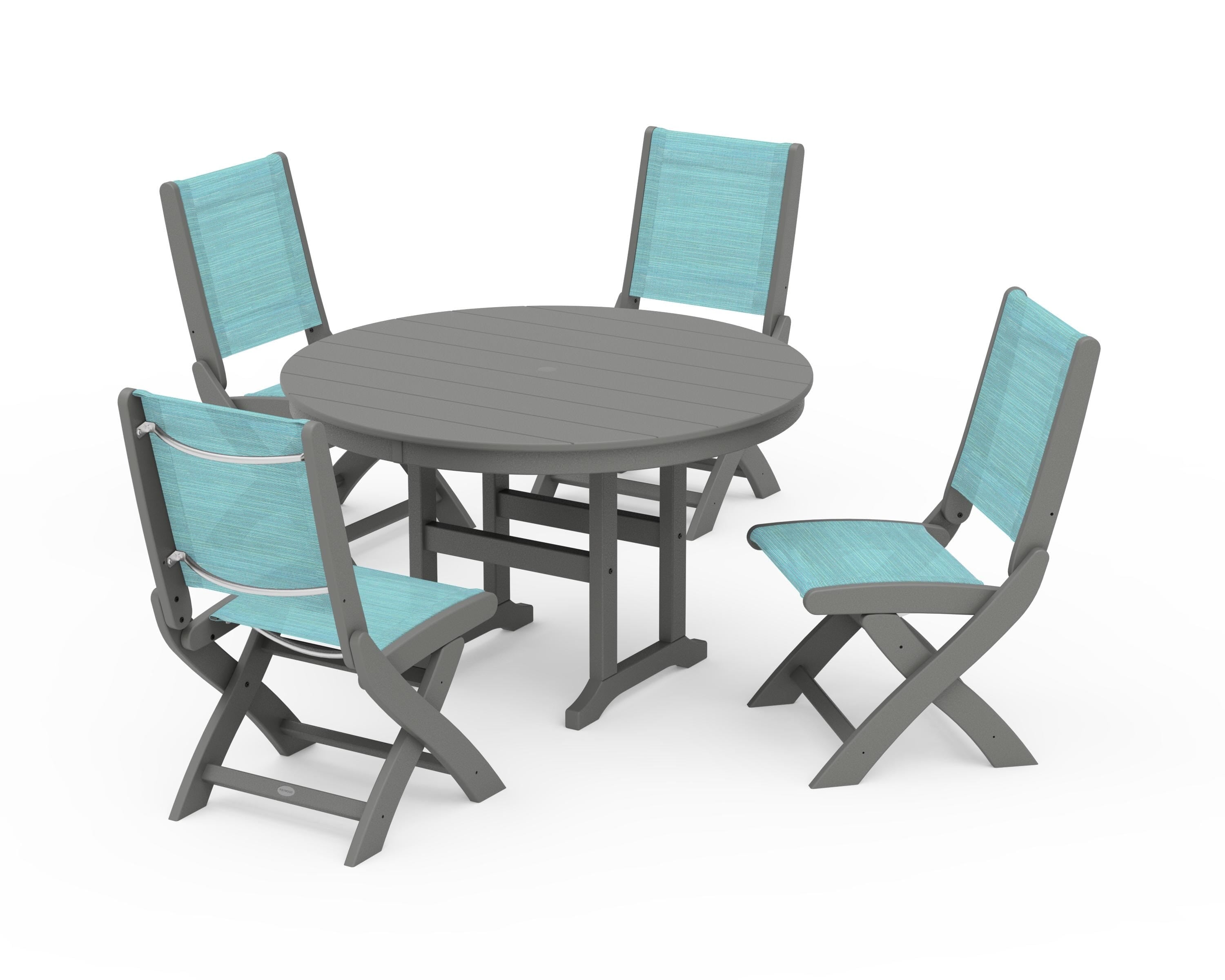 POLYWOOD Coastal Folding Side Chair 5-Piece Round Dining Set in Slate Grey / Dupioni Aquamarine Sling
