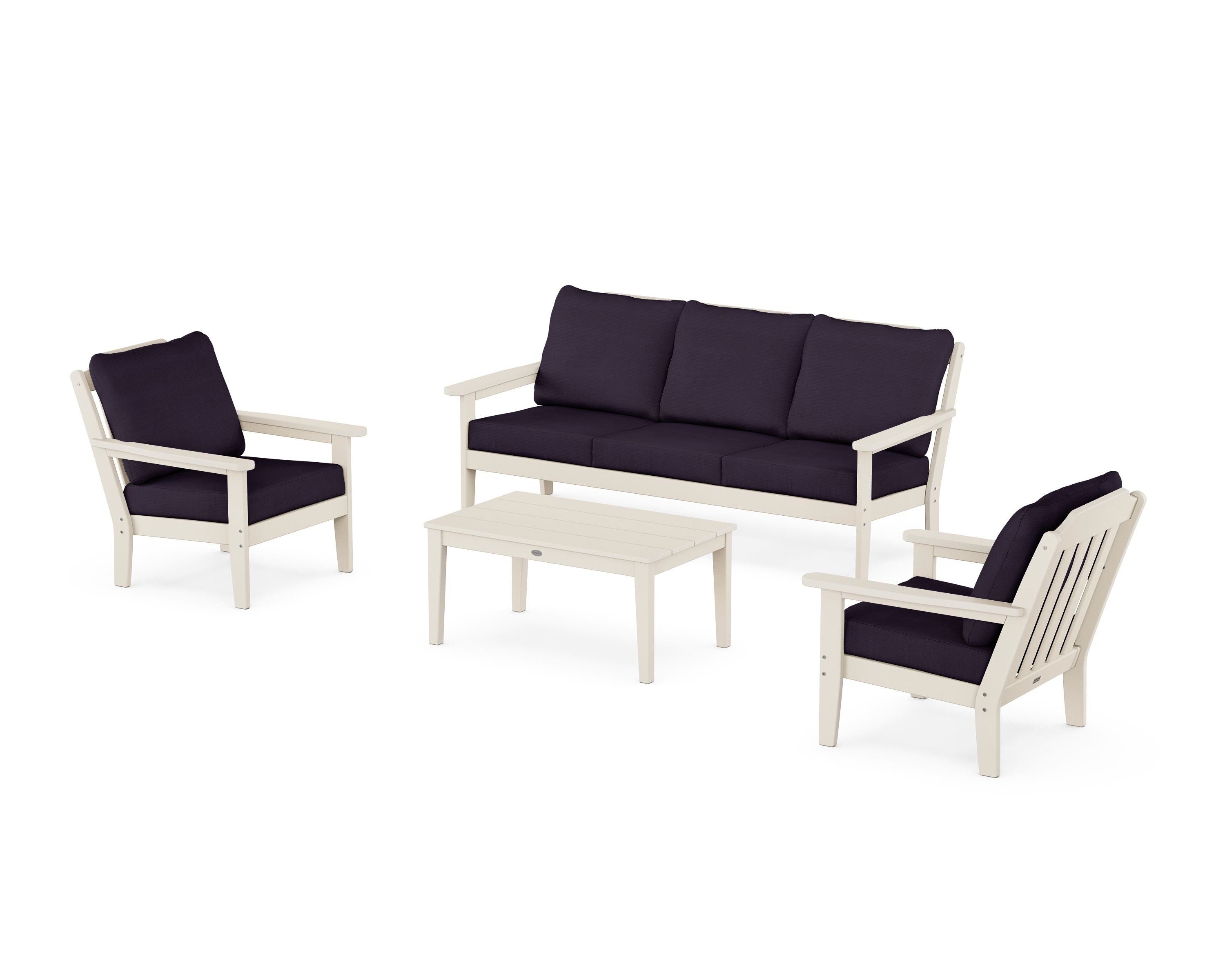 Country Living Cottage 4-Piece Deep Seating Set with Sofa in Sand / Navy Linen