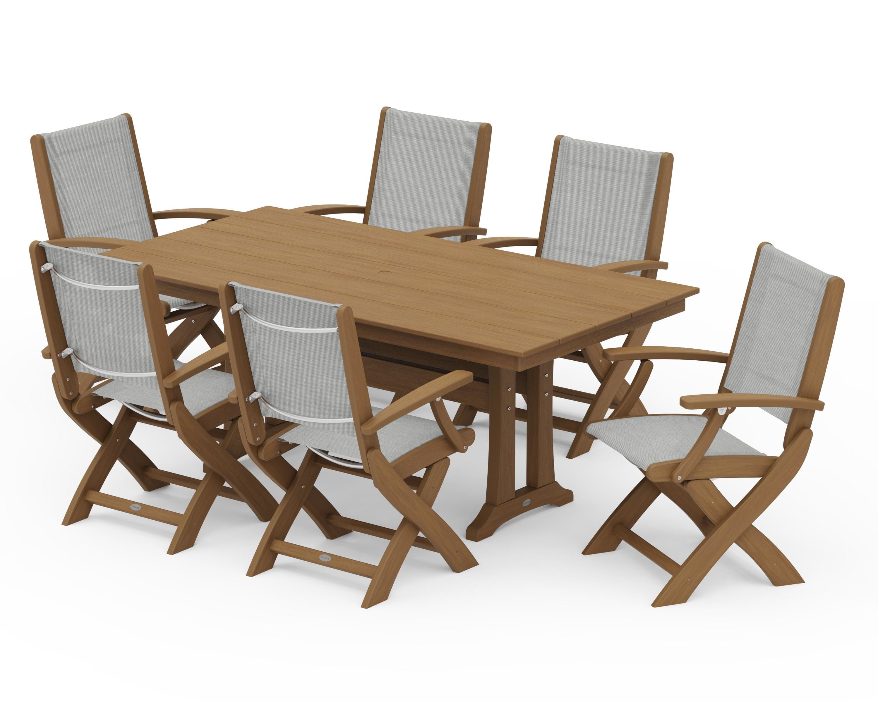 POLYWOOD Coastal Folding Arm Chair 7-Piece Farmhouse Dining Set with Trestle Legs in Natural / Metallic Sling