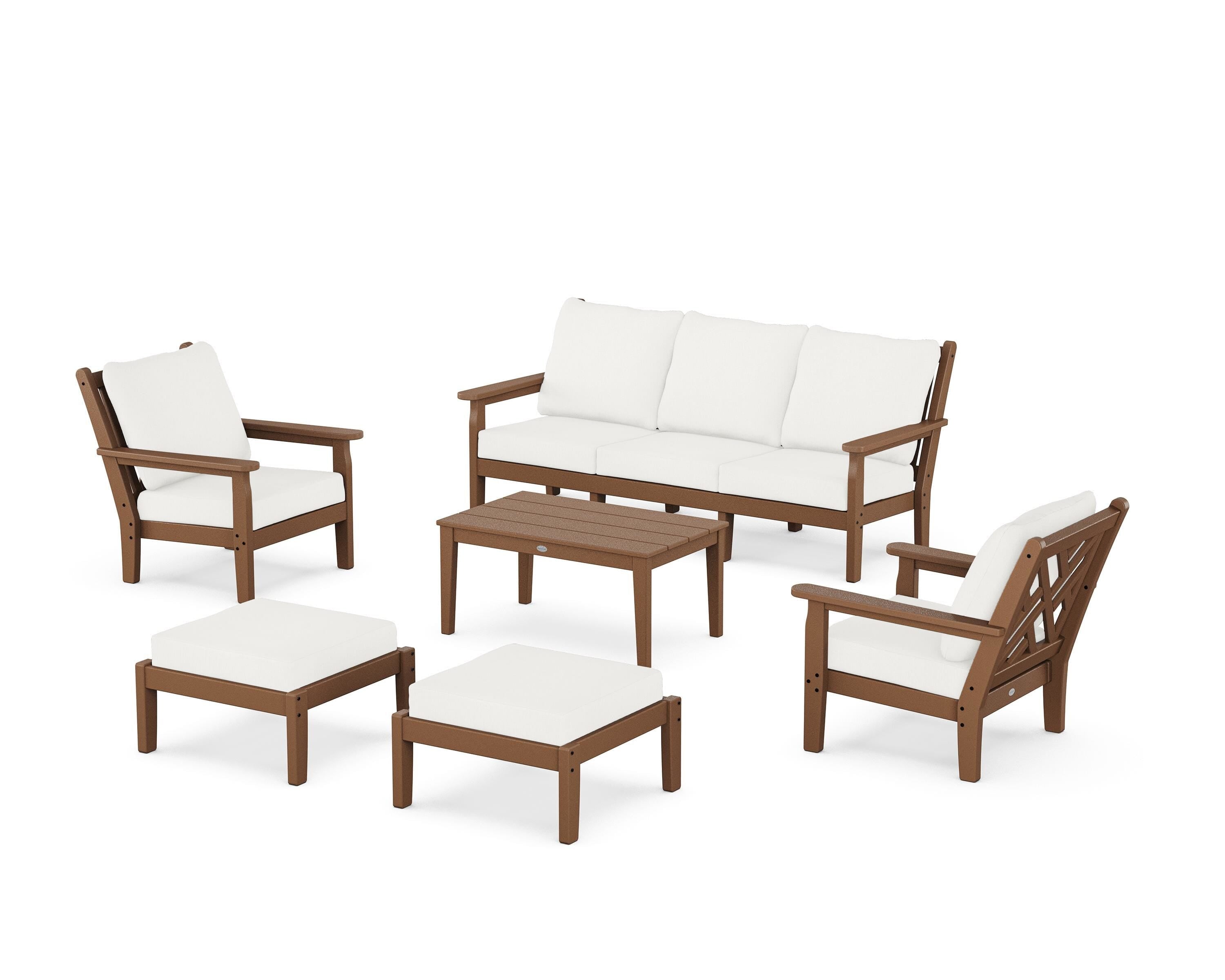 POLYWOOD Chippendale 6-Piece Lounge Sofa Set in Teak / Natural Linen