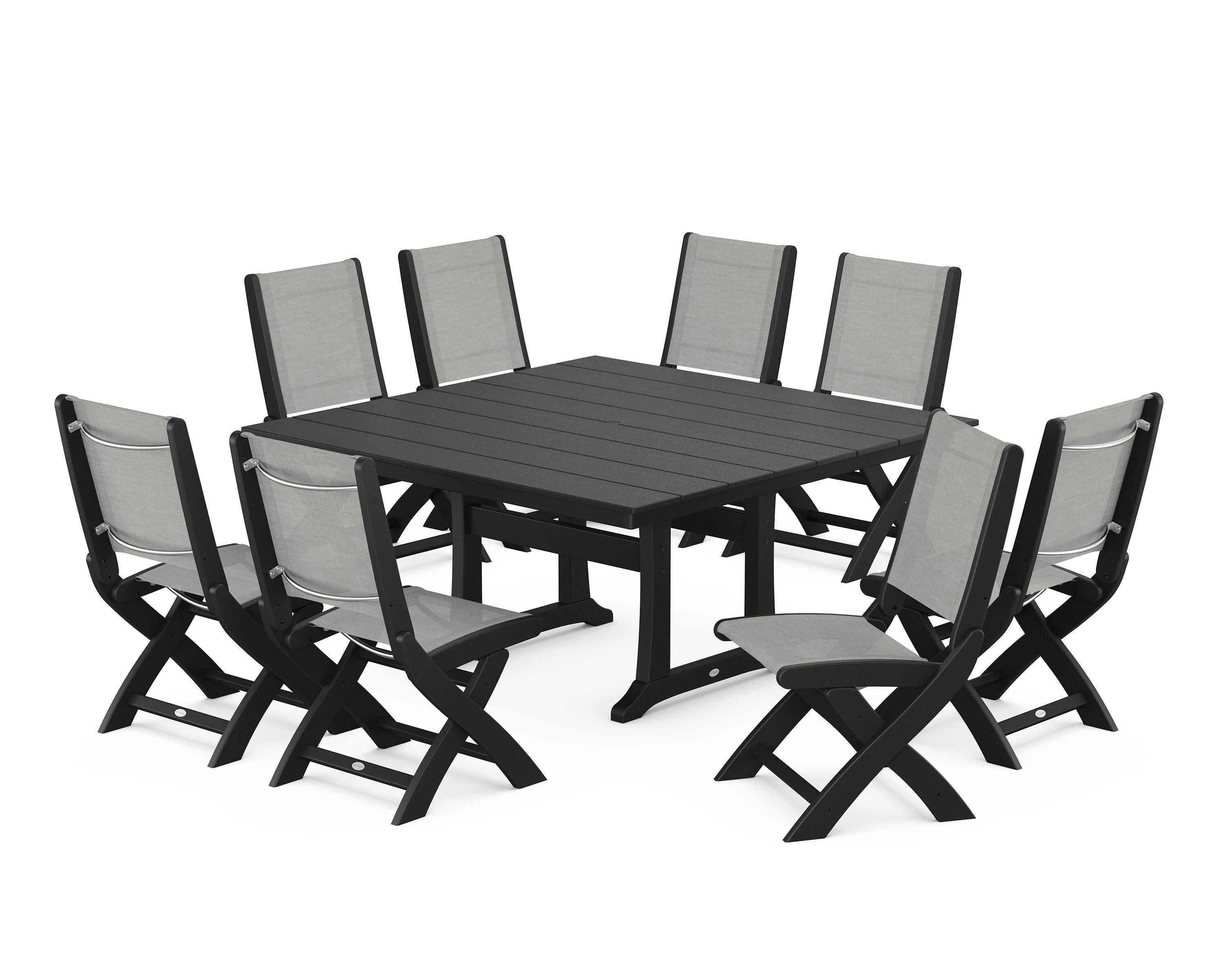 POLYWOOD Coastal Folding Side Chair 9-Piece Farmhouse Dining Set in Black / Metallic Sling