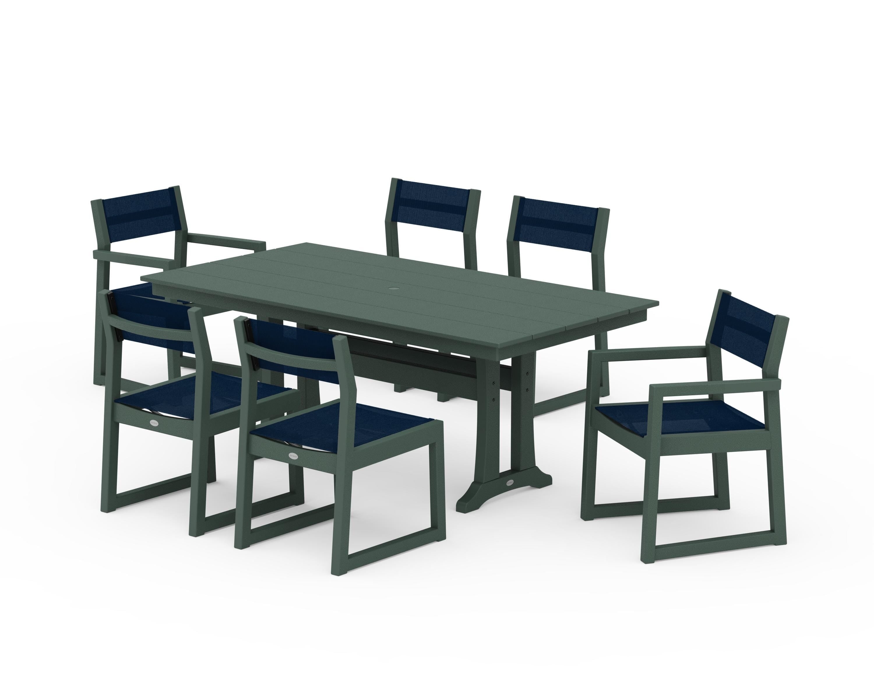 POLYWOOD EDGE Sling 7-Piece Farmhouse Trestle Dining Set in Green / Navy Blue Sling