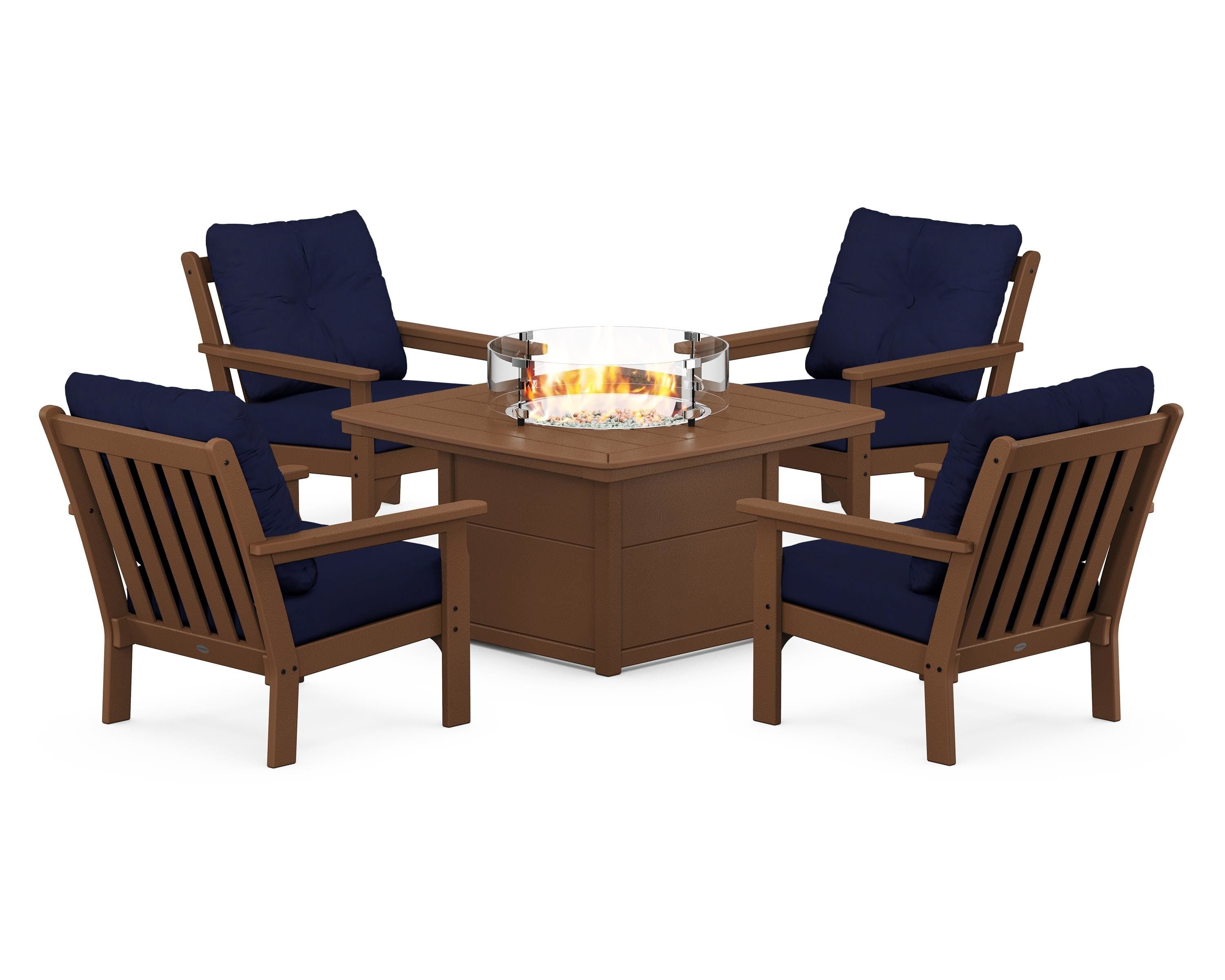 POLYWOOD Vineyard 5-Piece Conversation Set with Fire Pit Table in Teak / Navy