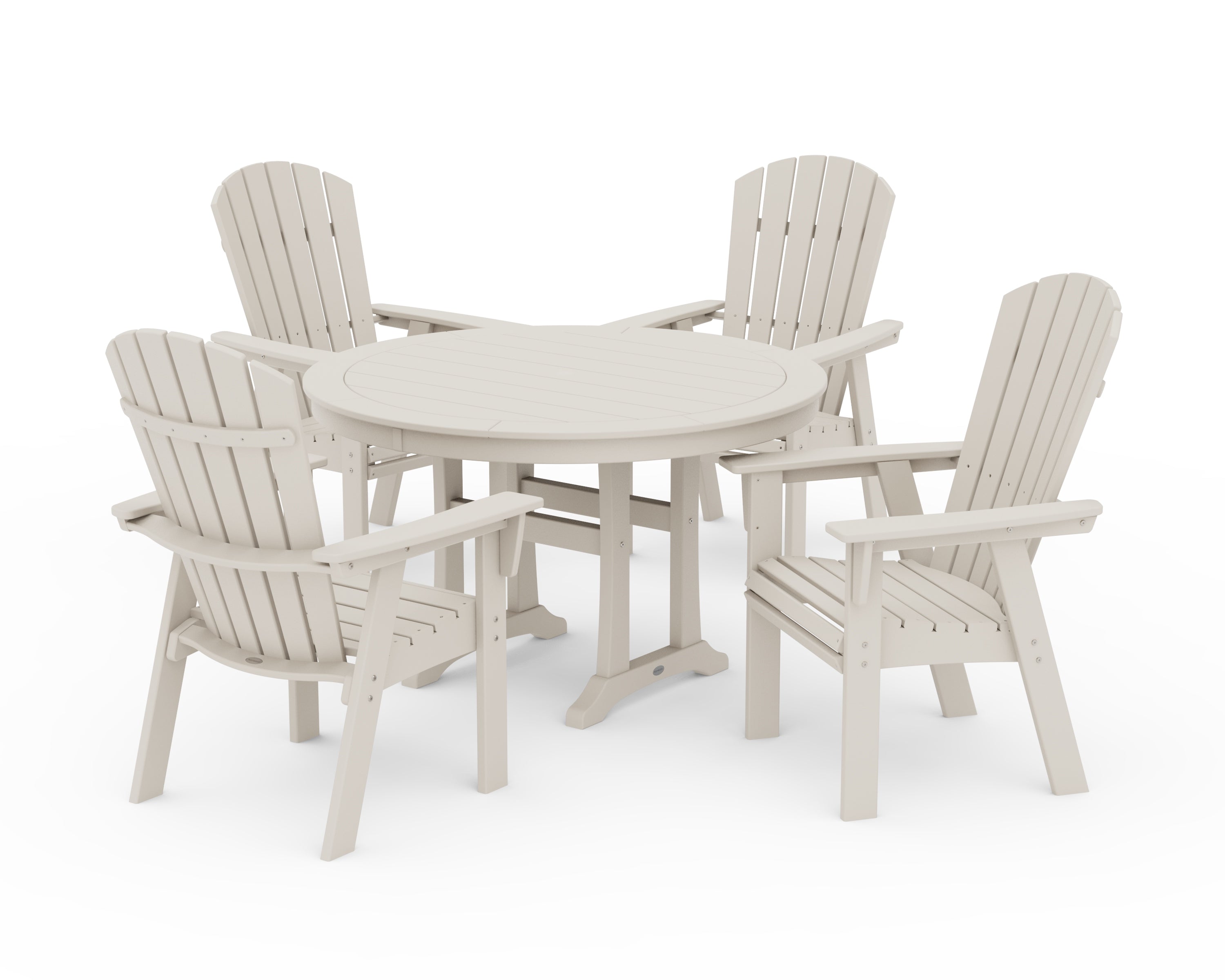 POLYWOOD Nautical Curveback Adirondack 5-Piece Round Dining Set with Trestle Legs in Sand
