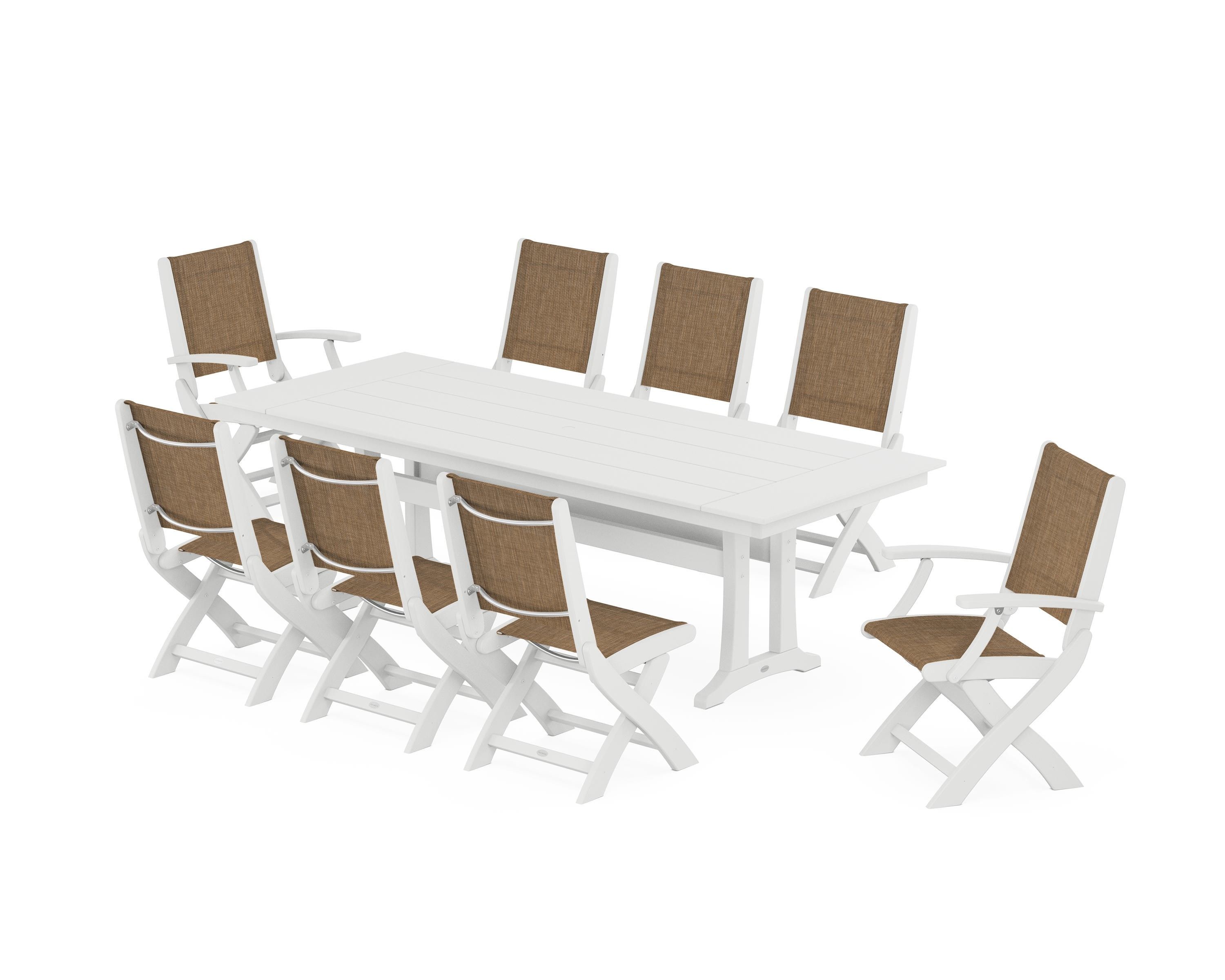 POLYWOOD Coastal 9-Piece Folding Dining Chair Farmhouse Dining Set with Trestle Legs in White / Burlap Sling