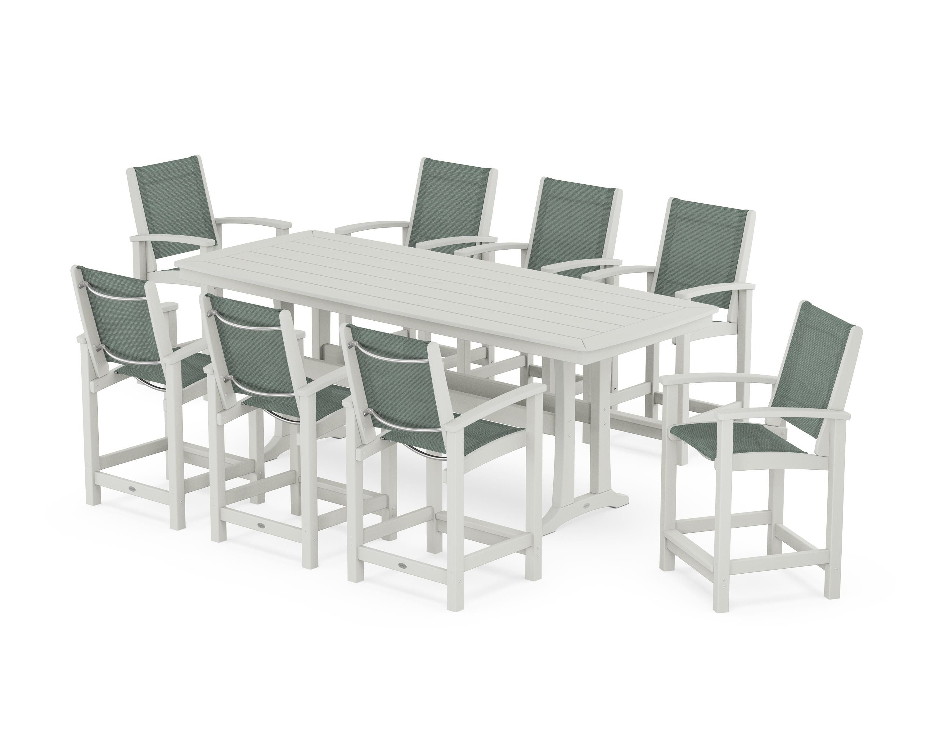 POLYWOOD Coastal 9-Piece Counter Set with Trestle Legs in Vintage White / Dupioni Sea Mist Sling