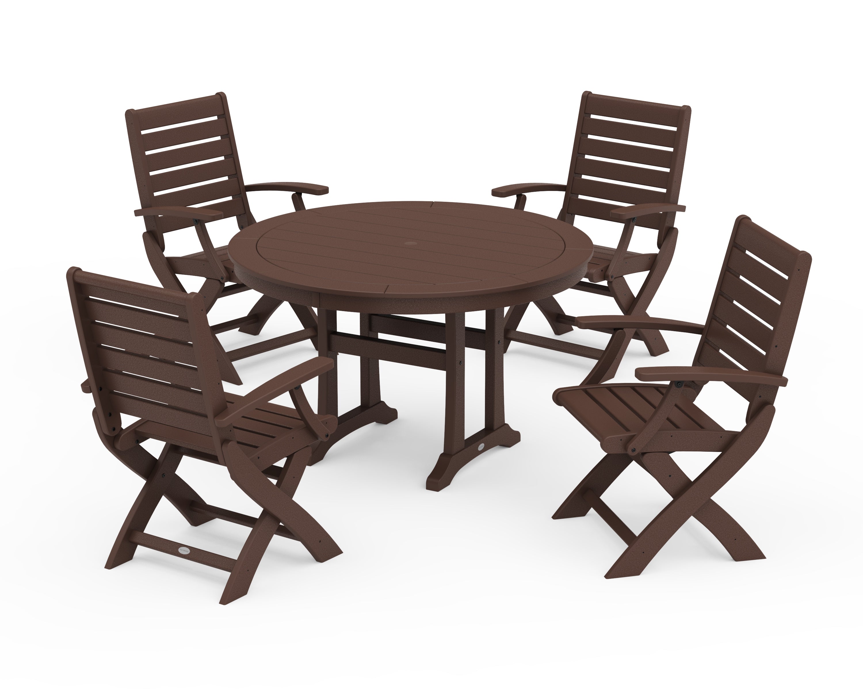POLYWOOD Signature Folding Chair 5-Piece Round Dining Set with Trestle Legs in Mahogany