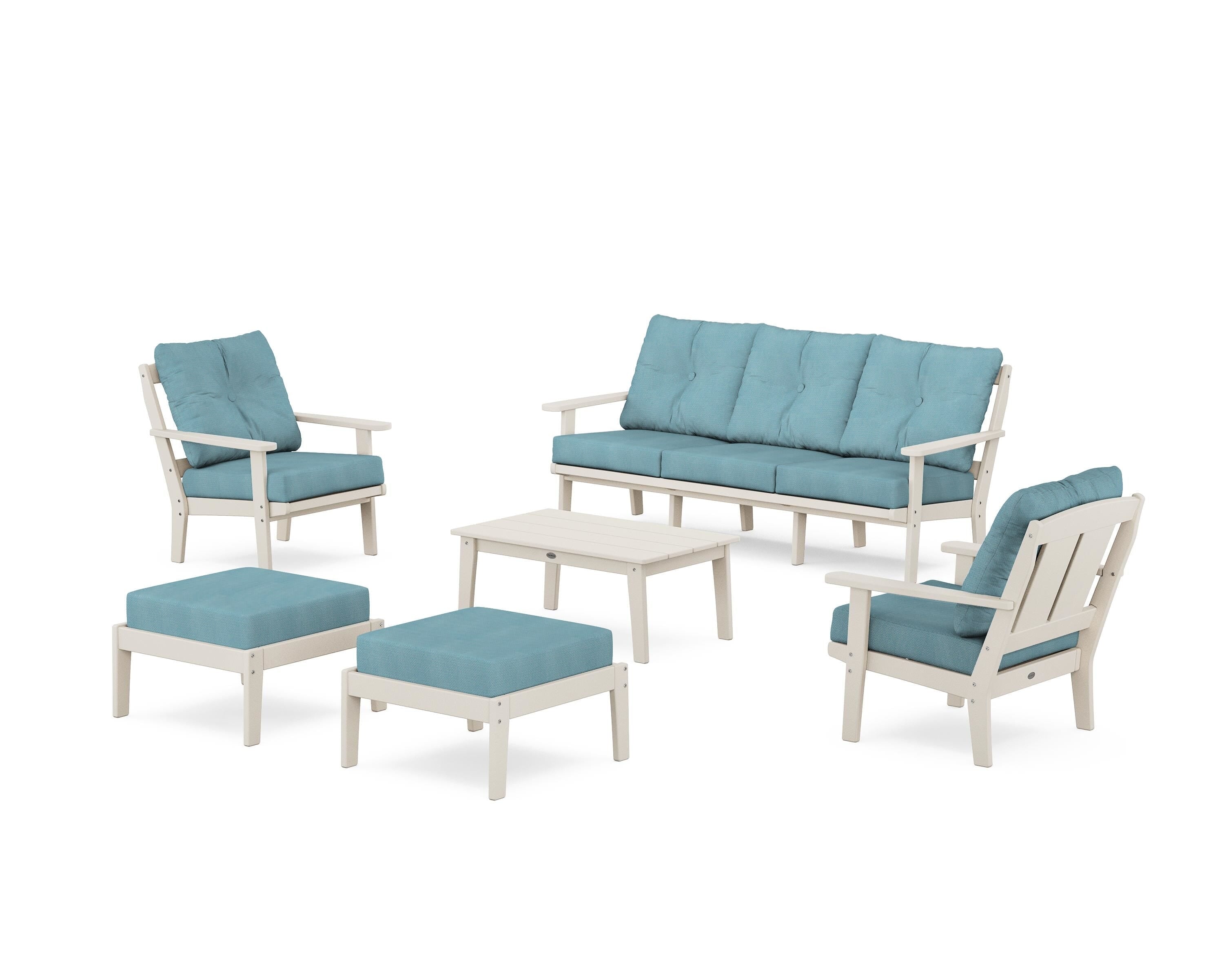 POLYWOOD Mission 6-Piece Lounge Sofa Set in Sand / Lattice Sky Blue