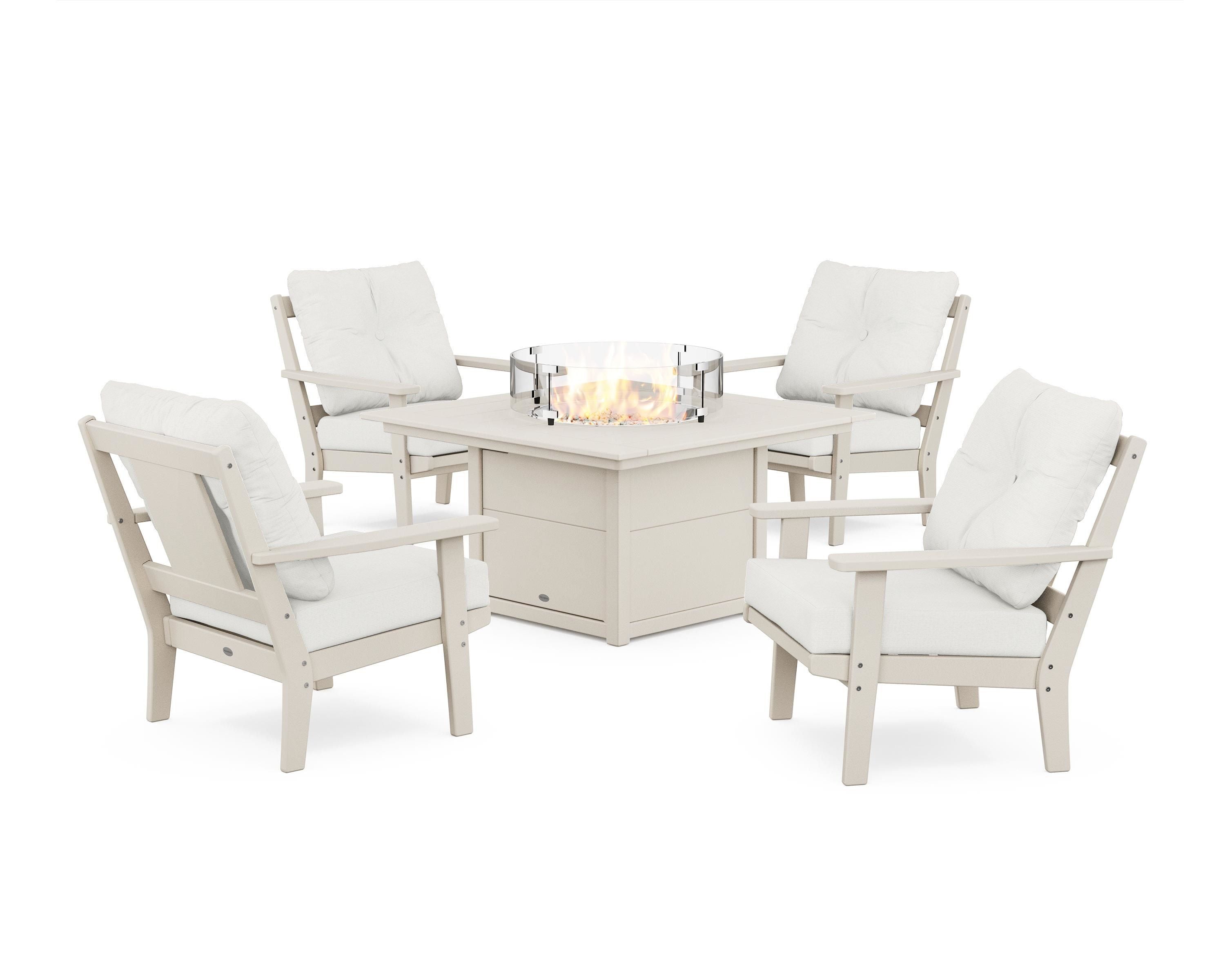 POLYWOOD Prairie 5-Piece Deep Seating Set with Fire Pit Table in Sand / Natural Linen