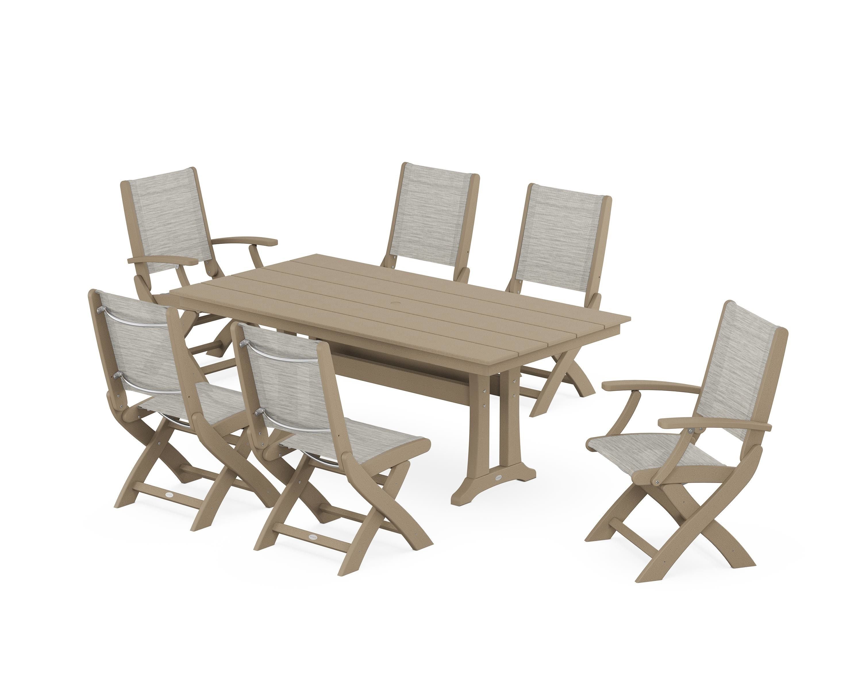 POLYWOOD Coastal Folding Chair 7-Piece Farmhouse Dining Set with Trestle Legs in Vintage Sahara / Birch Sling