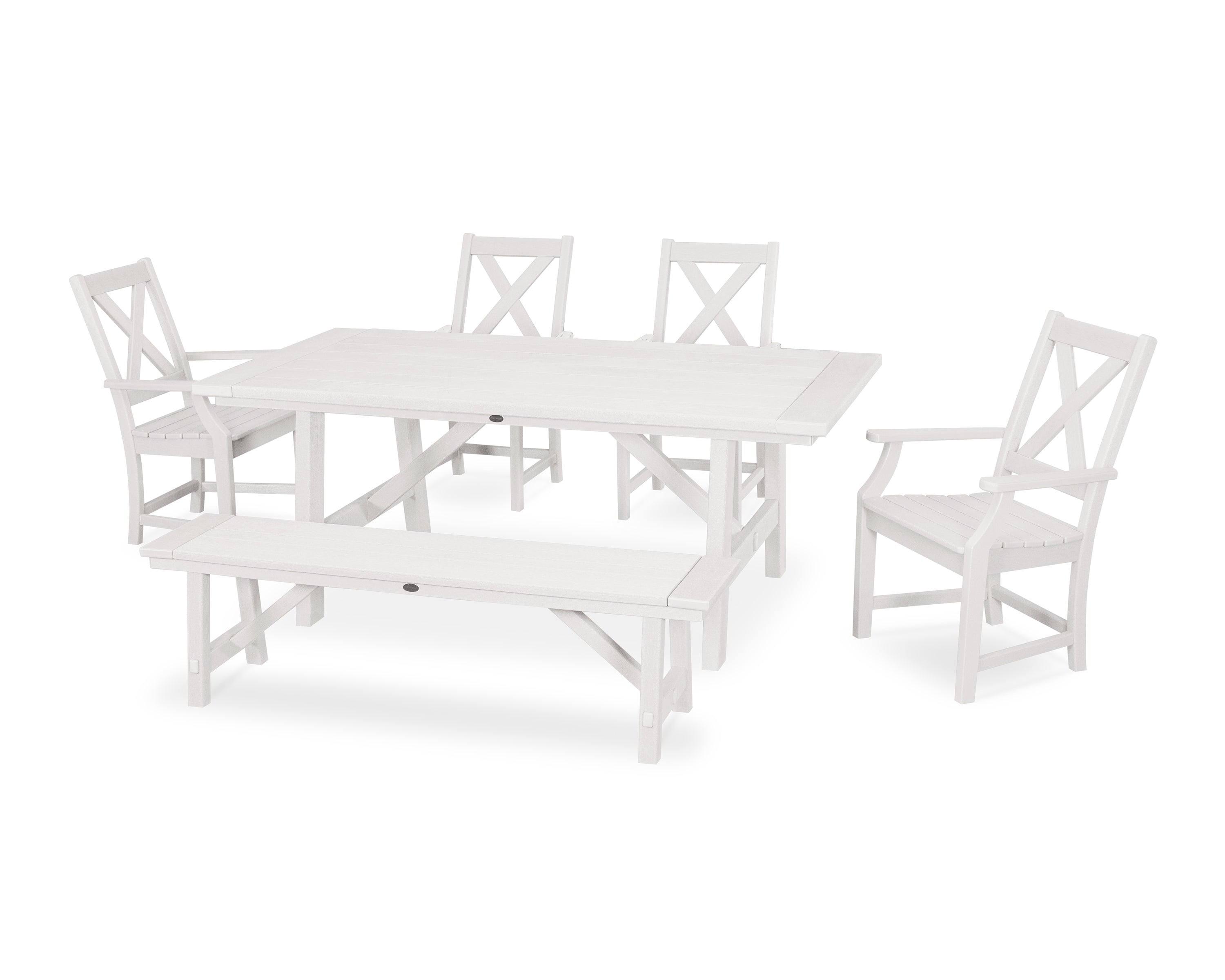 POLYWOOD® Braxton 6-Piece Rustic Farmhouse Arm Chair Dining Set with Bench in Vintage White