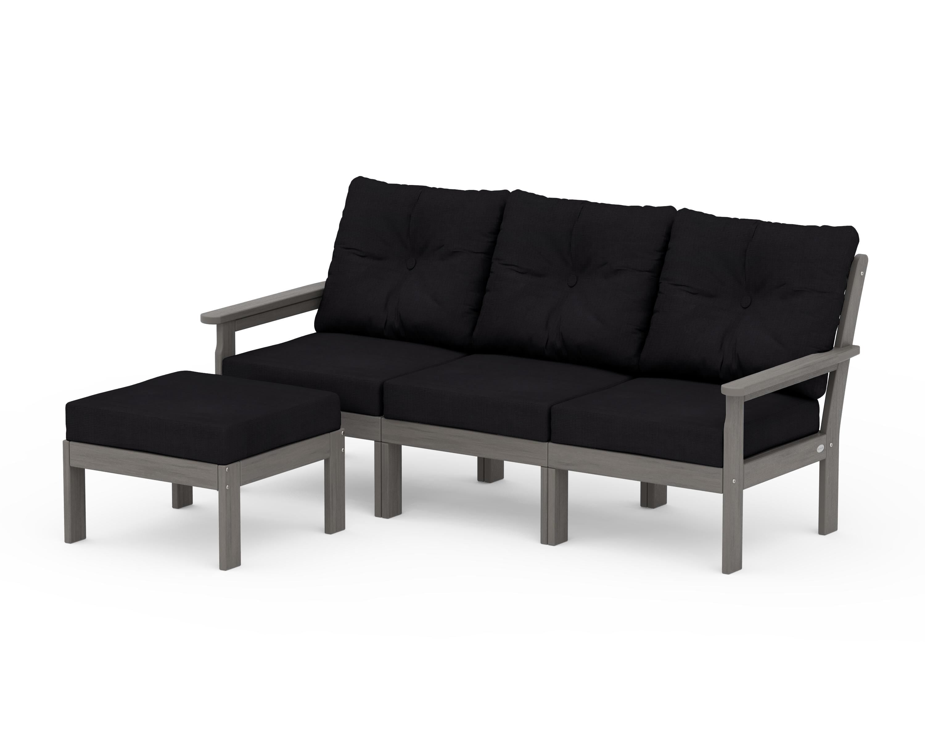 POLYWOOD Vineyard 4-Piece Sectional with Ottoman in Driftwood / Midnight Linen