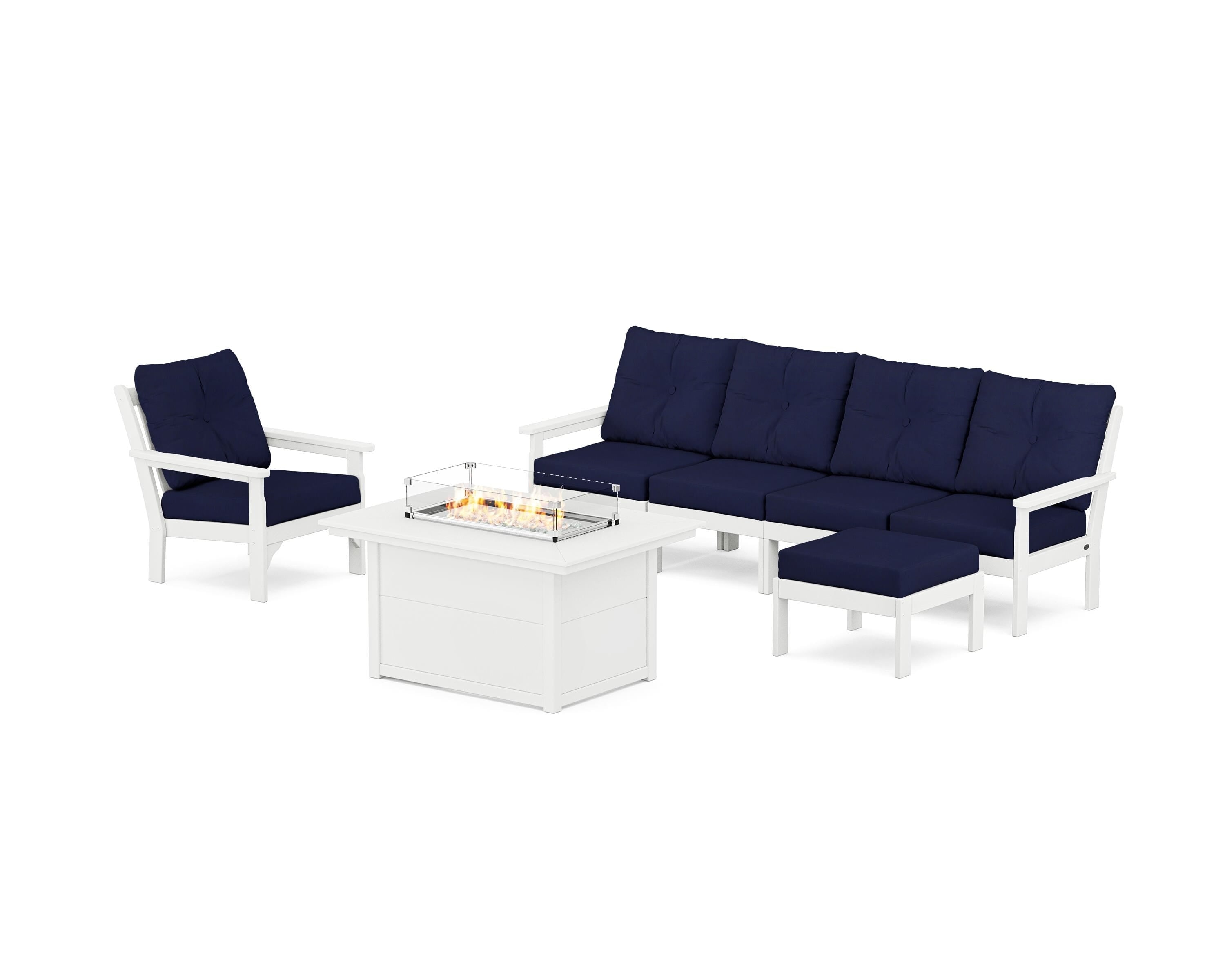 POLYWOOD Vineyard Sectional Lounge and Fire Pit Set in White / Navy