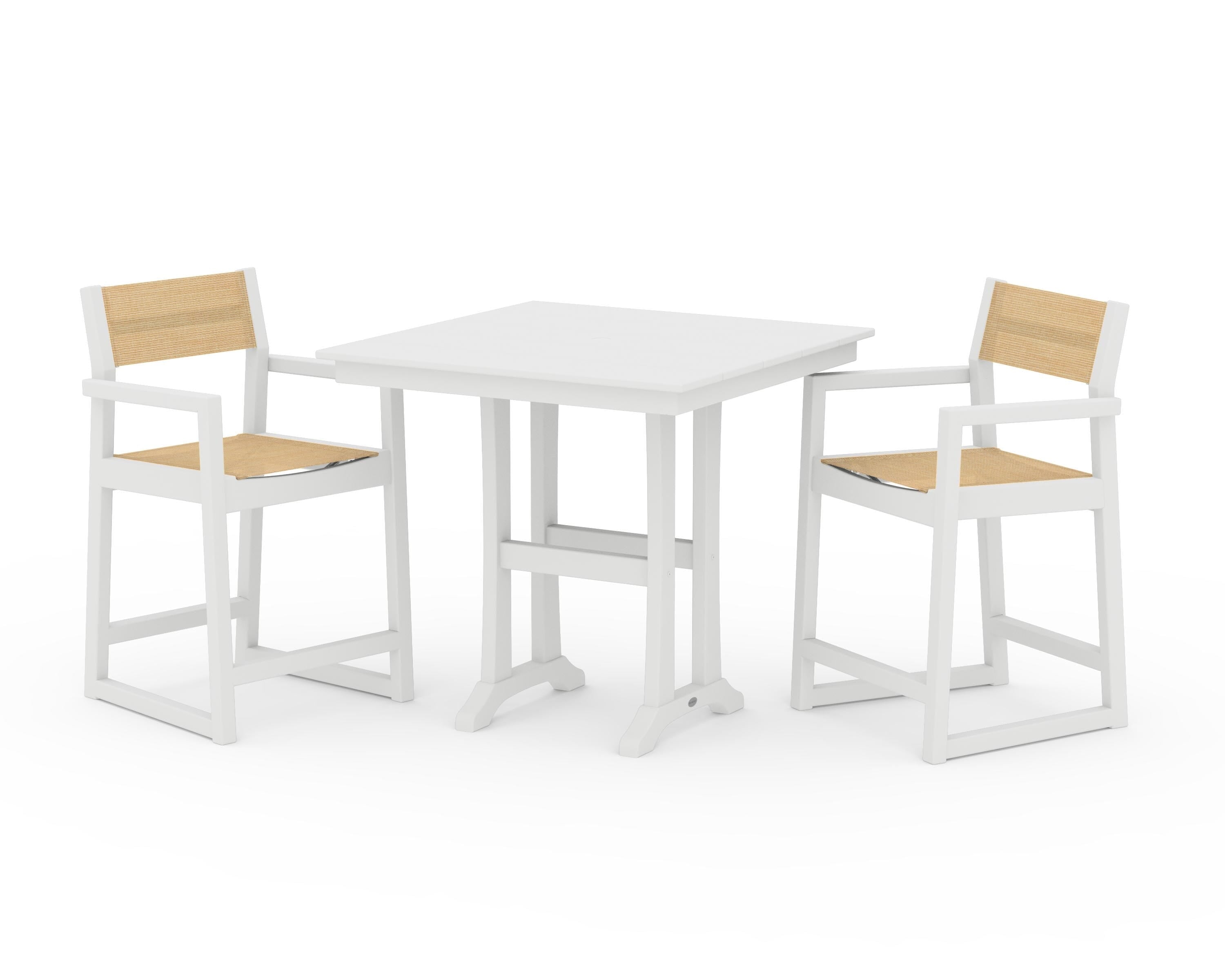 POLYWOOD EDGE Sling Arm Chair 3-Piece Farmhouse Counter Set with Trestle Legs in White / Dupioni Apricot Sling