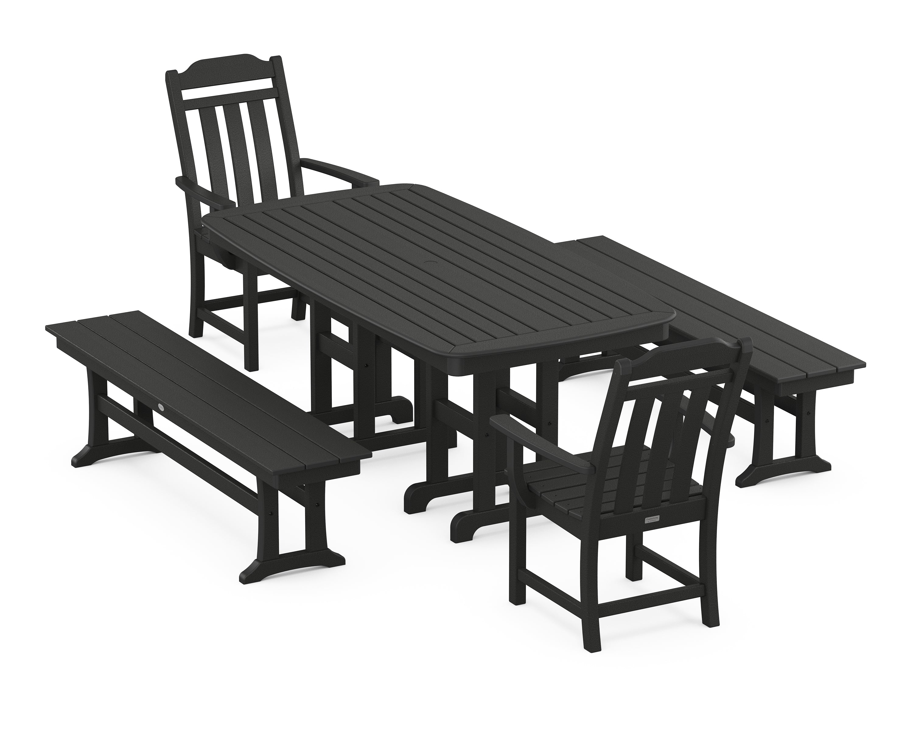 Polywood Country Living 5-Piece Dining Set with Benches in Black