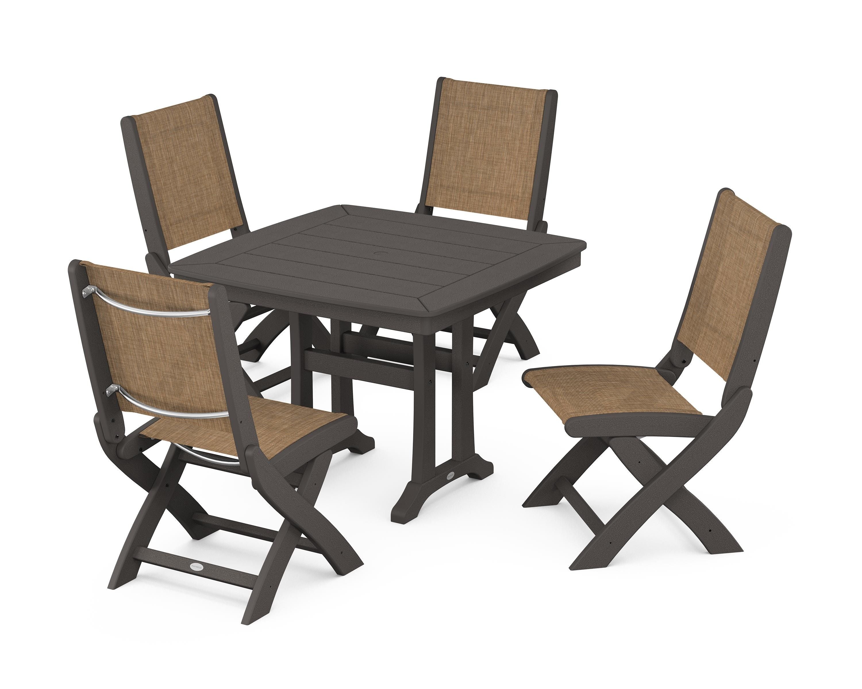 POLYWOOD Coastal Folding Side Chair 5-Piece Dining Set with Trestle Legs in Vintage Coffee / Burlap Sling