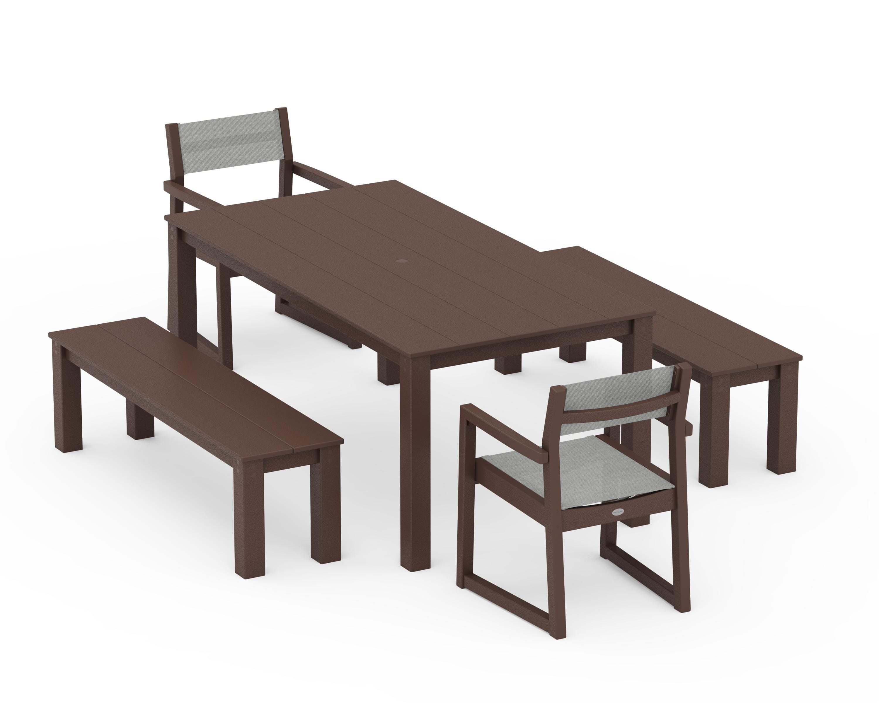 POLYWOOD EDGE Sling Arm Chair 5-Piece Parsons Dining Set with Benches in Mahogany / Metallic Sling