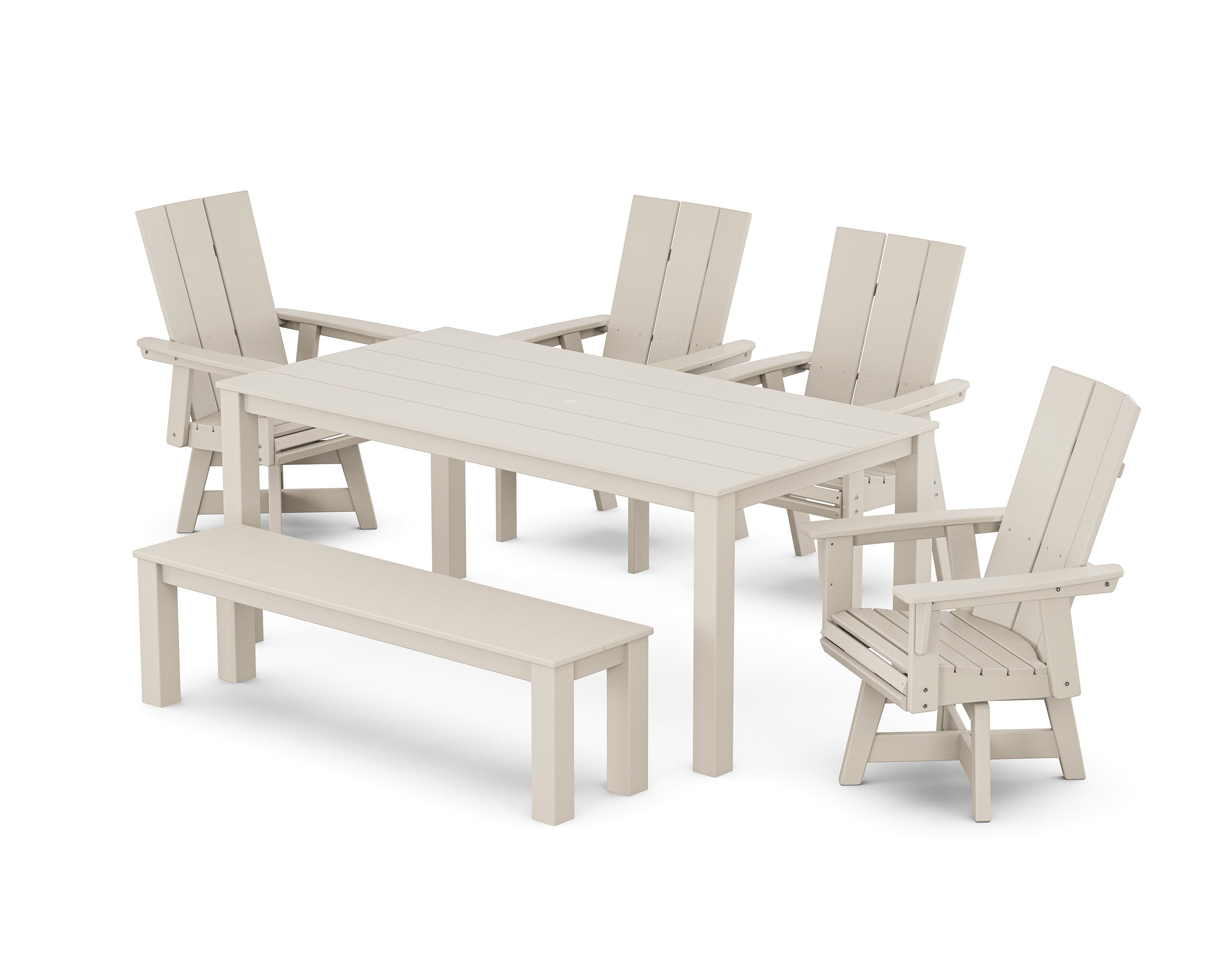 POLYWOOD® Modern Curveback Adirondack 6-Piece Parsons Swivel Dining Set with Bench in Sand