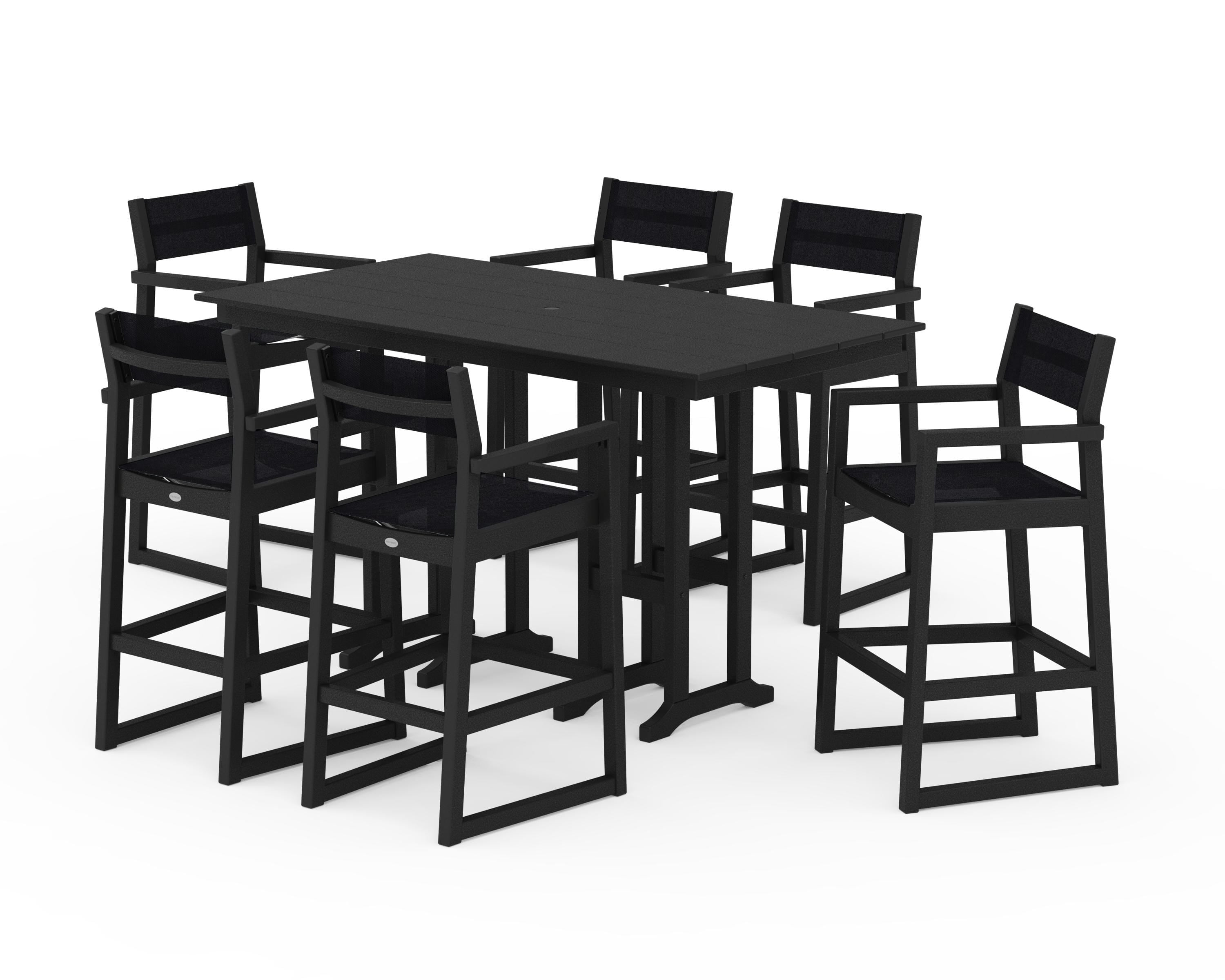 POLYWOOD EDGE Sling Arm Chair 7-Piece Farmhouse Bar Set in Black / Black Sling