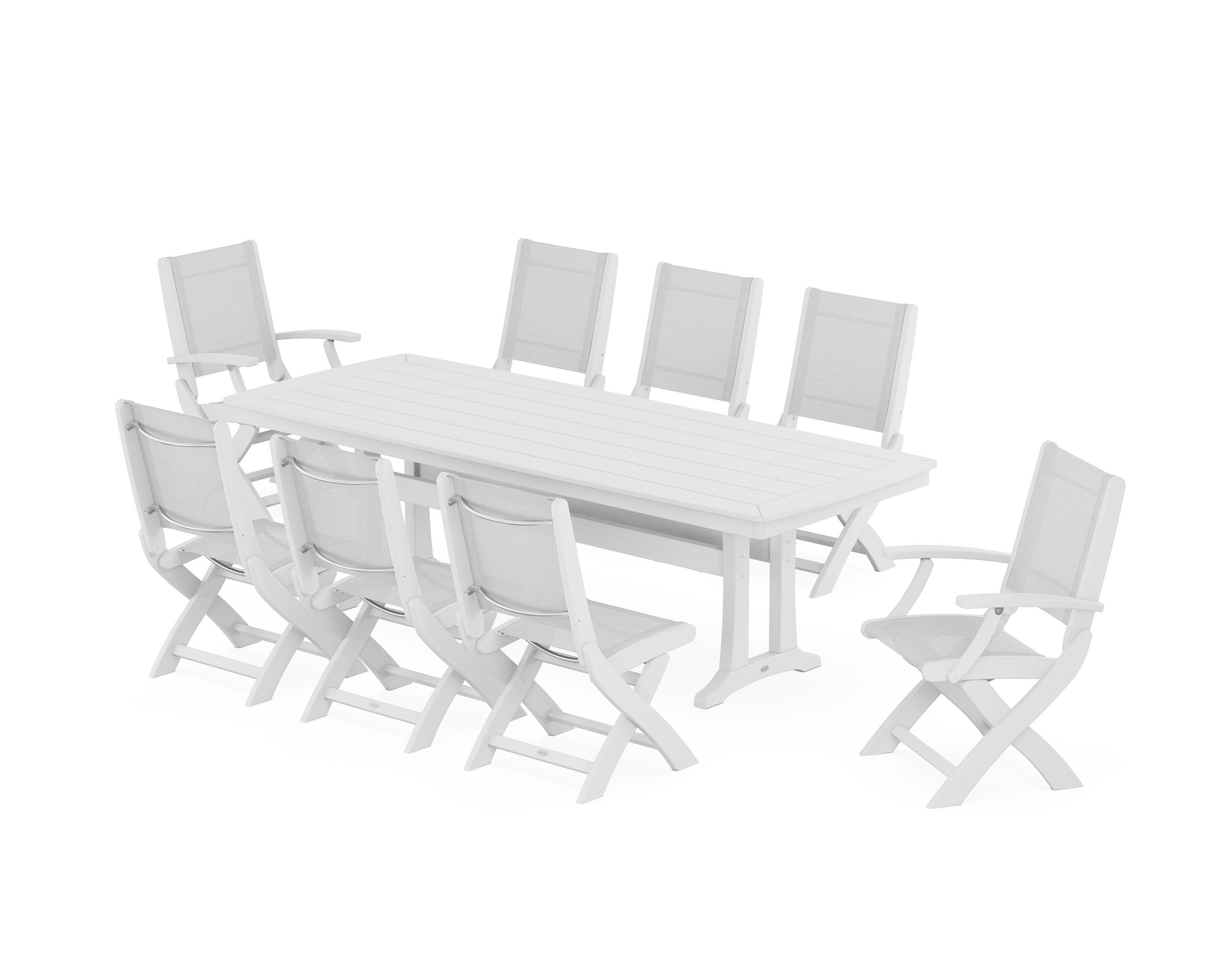 POLYWOOD Coastal Folding 9-Piece Dining Set with Trestle Legs in White / White Sling