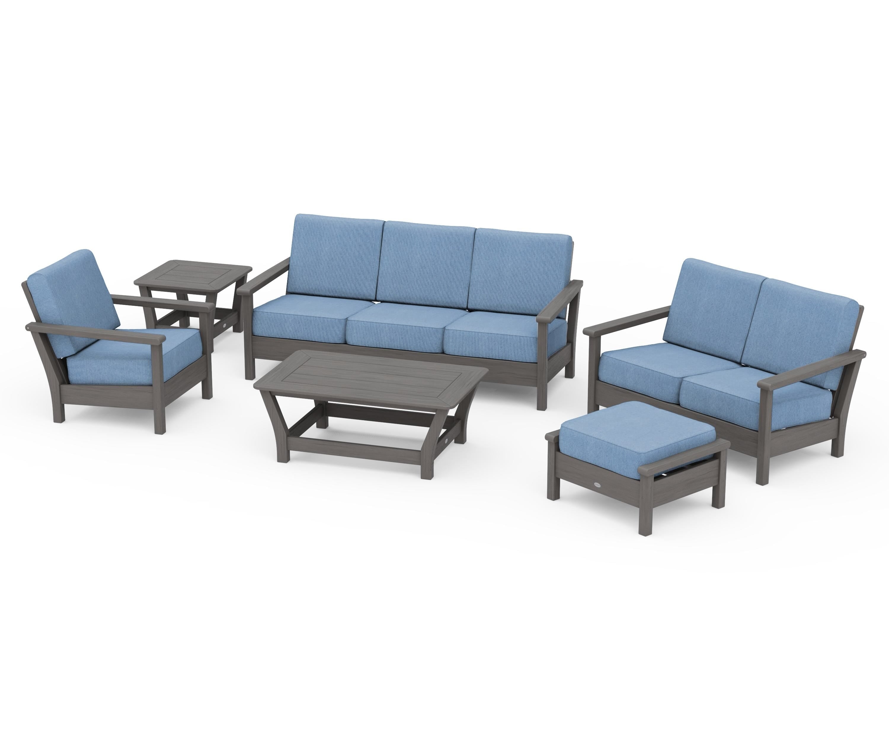 POLYWOOD Harbour 6-Piece Outdoor Living Set in Driftwood / Sky Blue