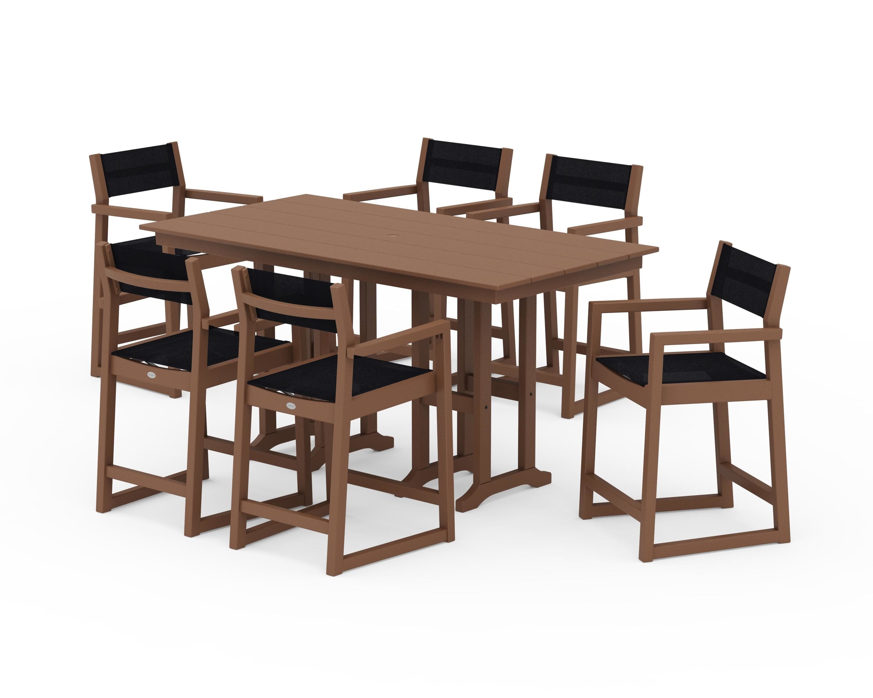 POLYWOOD EDGE Sling Arm Chair 7-Piece Farmhouse Counter Set in Teak / Black Sling
