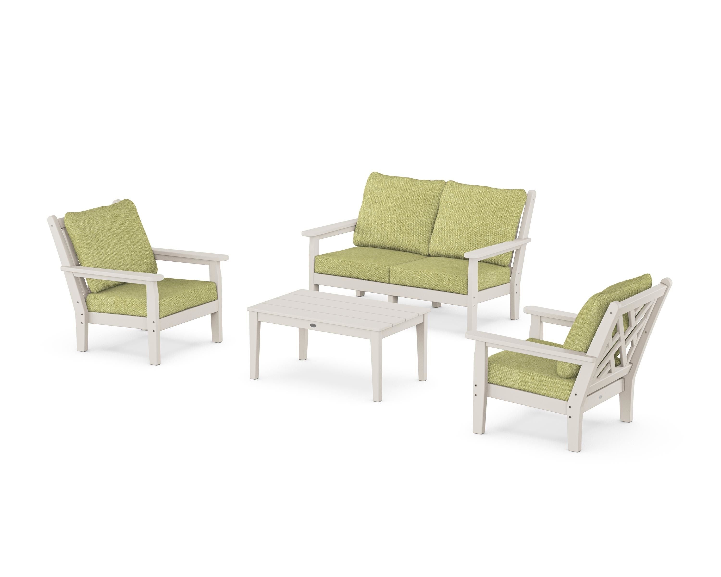 POLYWOOD Chippendale 4-Piece Deep Seating Set with Loveseat in Sand / Chartreuse Boucle