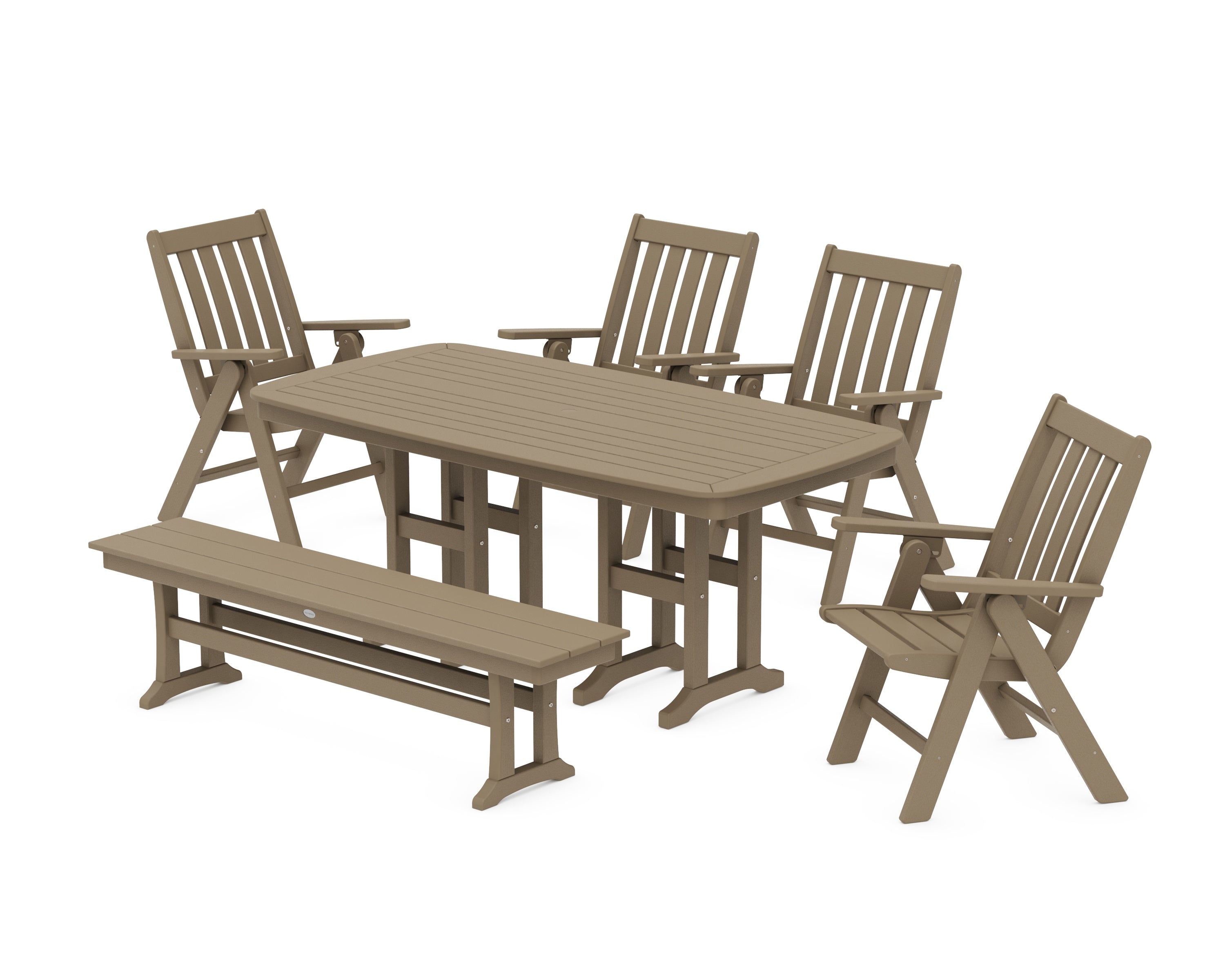 POLYWOOD Vineyard Folding Chair 6-Piece Dining Set with Bench in Vintage Sahara