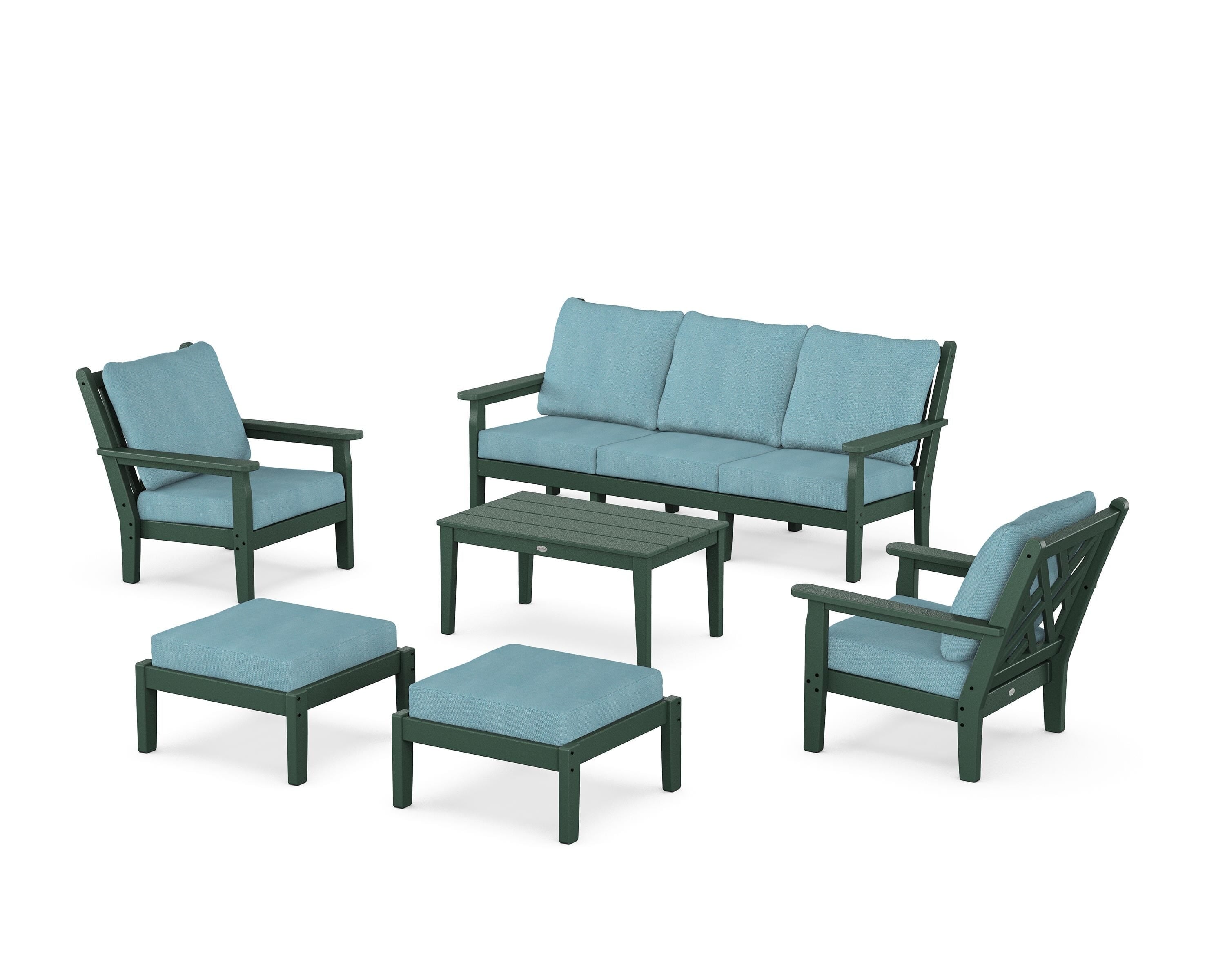 POLYWOOD Chippendale 6-Piece Lounge Sofa Set in Green / Lattice Sky Blue