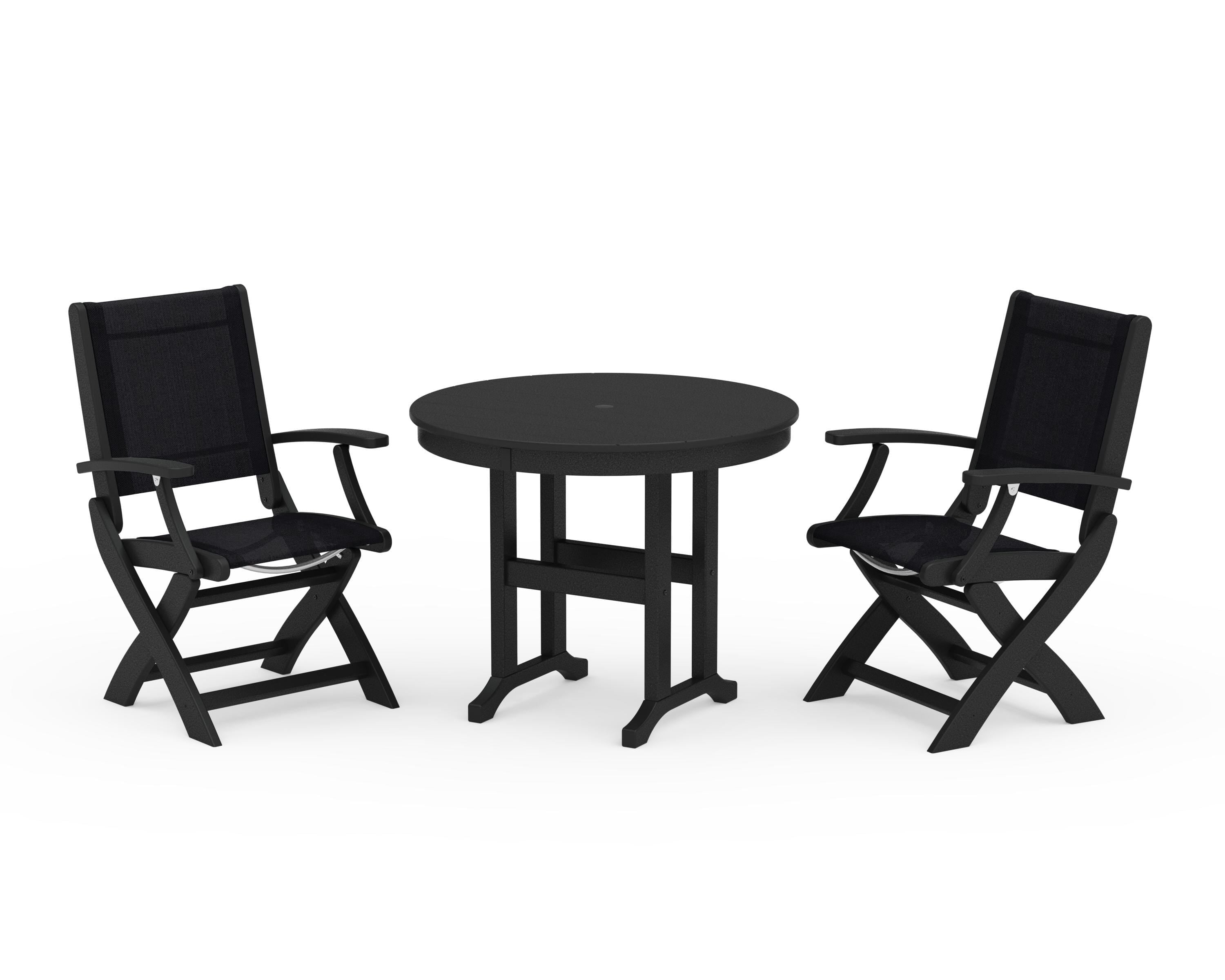 POLYWOOD Coastal Folding Chair 3-Piece Round Dining Set in Black / Black Sling
