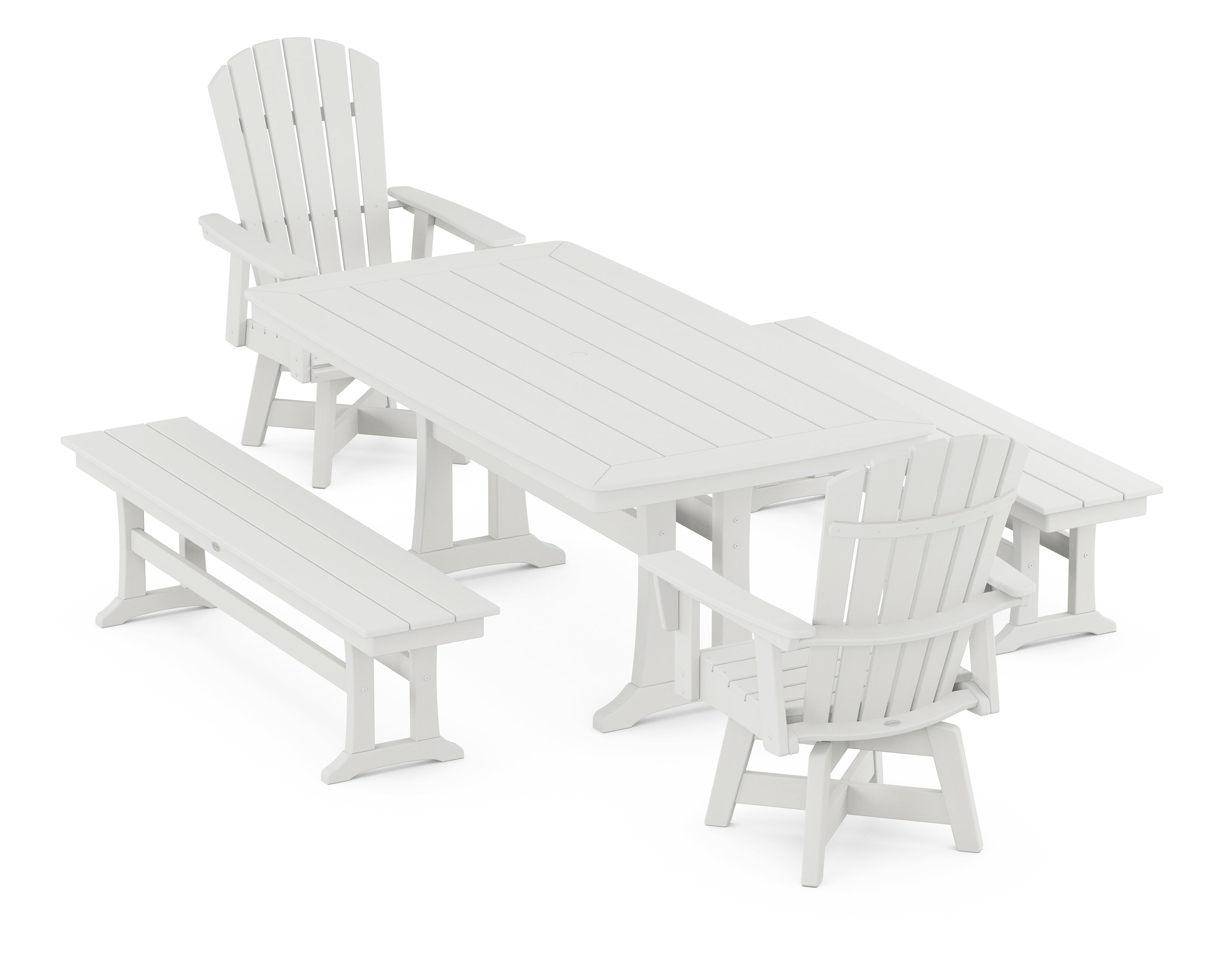 POLYWOOD® Nautical Curveback Adirondack Swivel Chair 5-Piece Dining Set with Trestle Legs and Benches in Vintage White