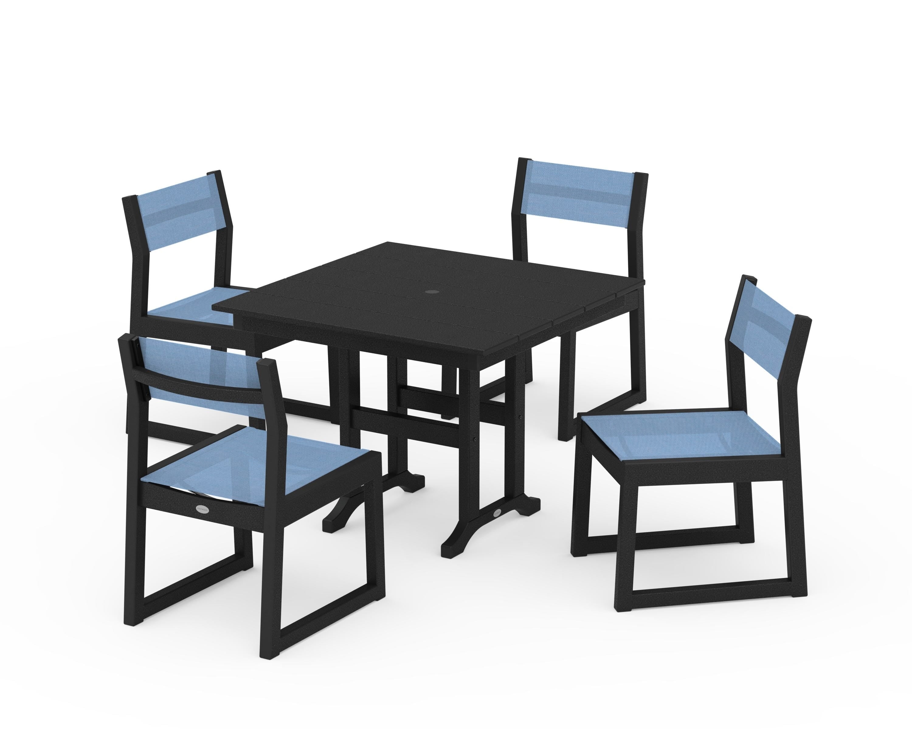 POLYWOOD EDGE Sling Side Chair 5-Piece Farmhouse Dining Set in Black / Poolside Sling
