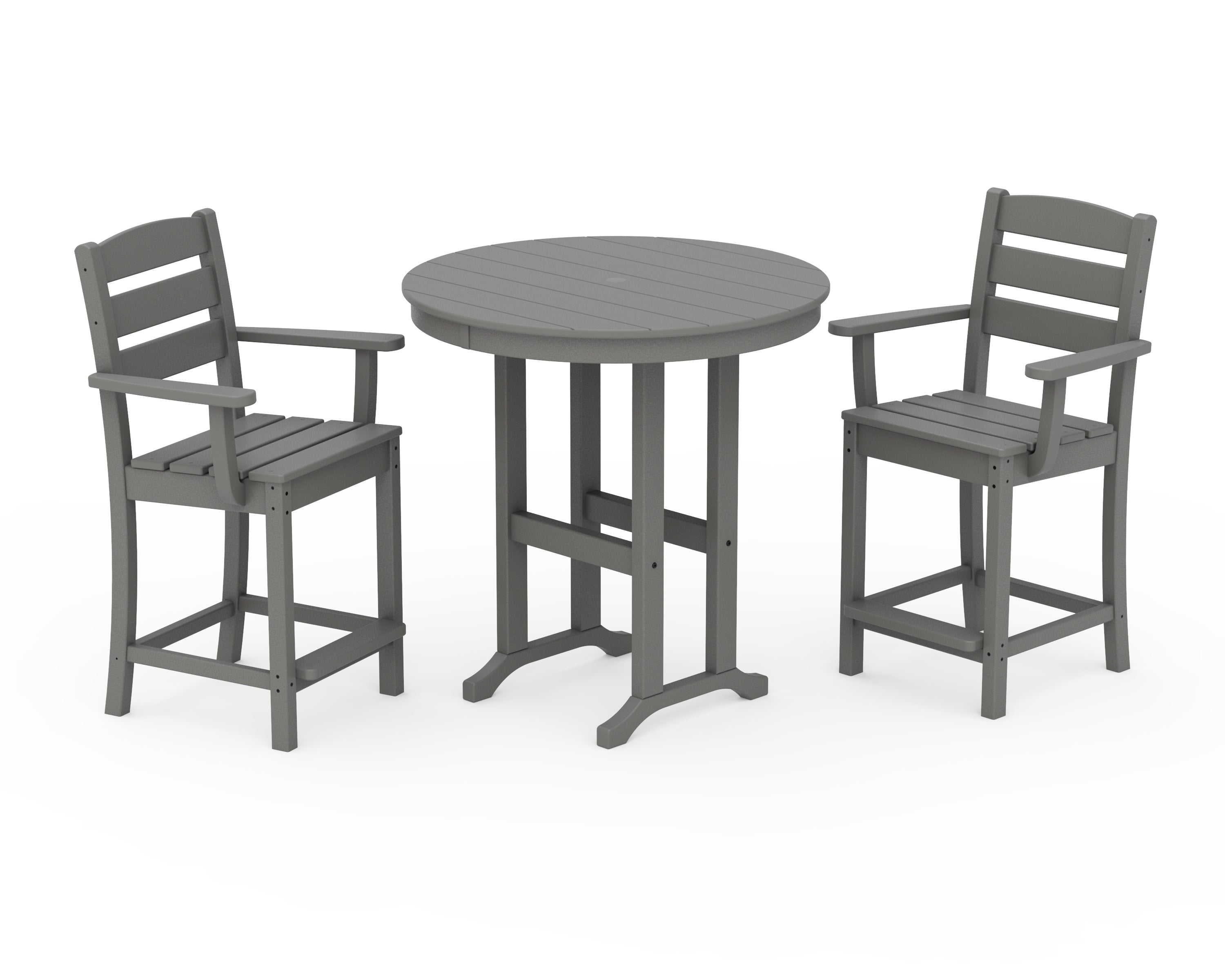 POLYWOOD Lakeside 3-Piece Round Farmhouse Arm Chair Counter  Set in Slate Grey