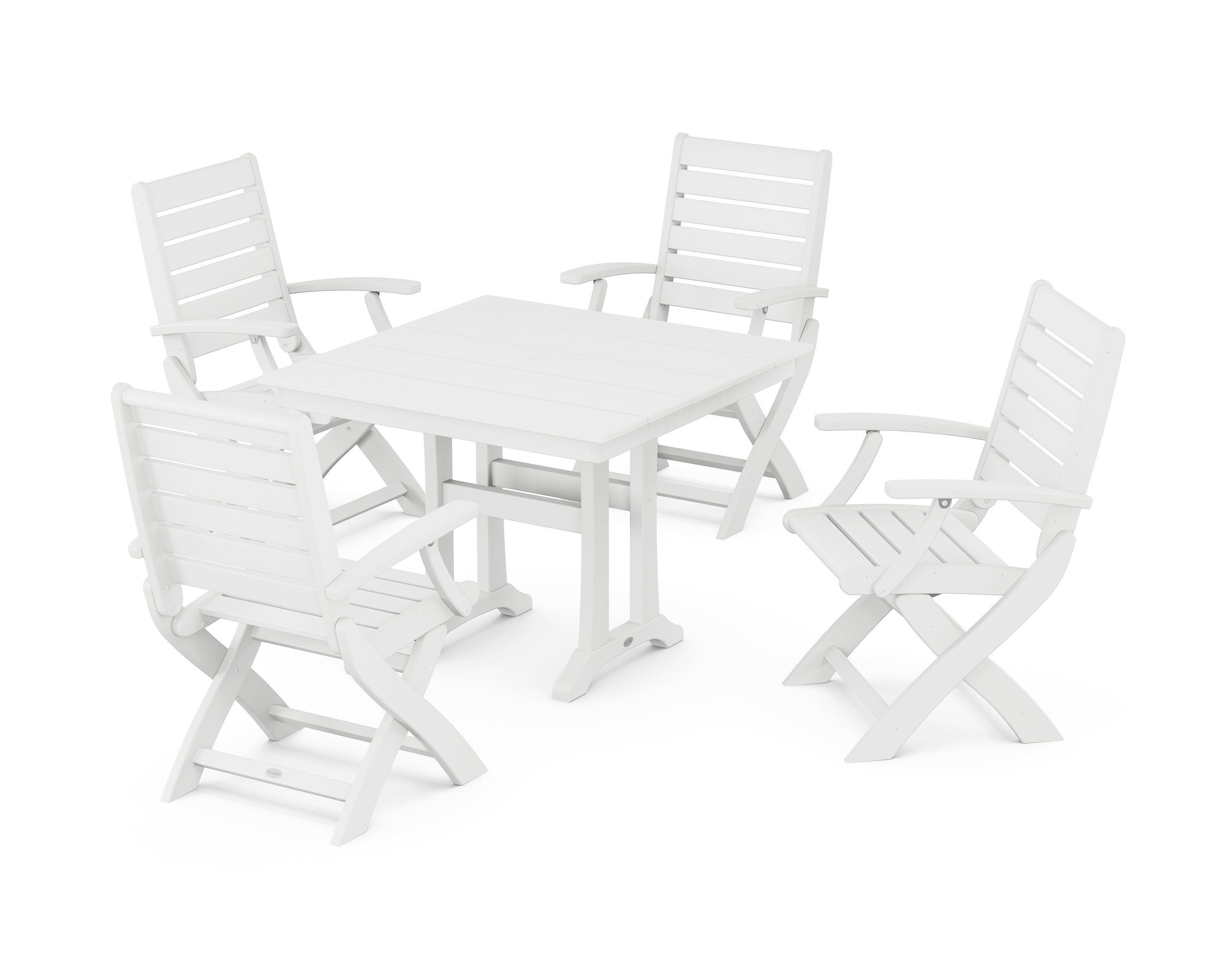 POLYWOOD® Signature Folding Chair 5-Piece Farmhouse Dining Set With Trestle Legs in White