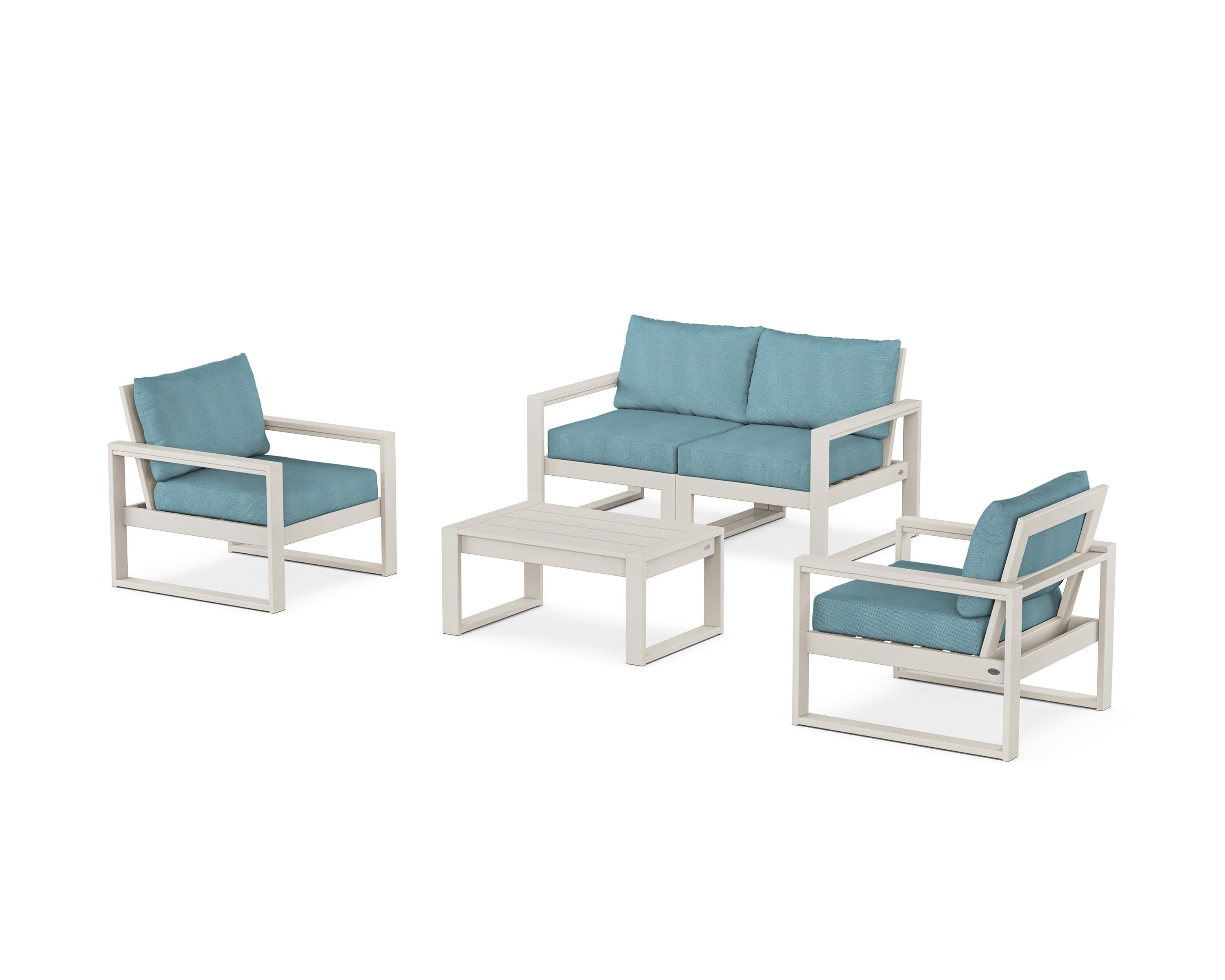 POLYWOOD EDGE Sectional 4-Piece Deep Seating Set with Loveseat in Sand / Lattice Sky Blue
