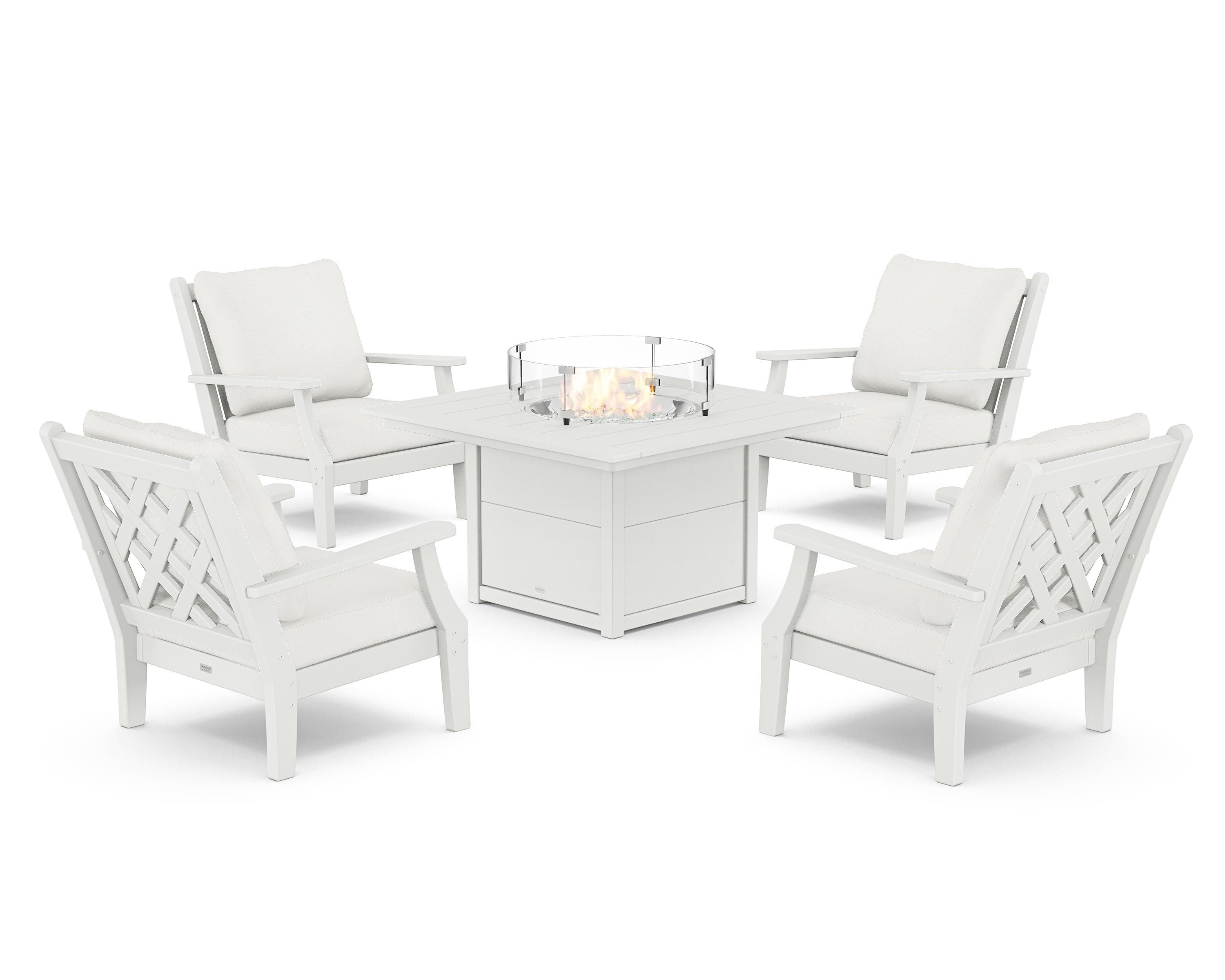 Country Living Wovendale 5-Piece Deep Seating Set with Fire Pit Table in White / Natural Linen