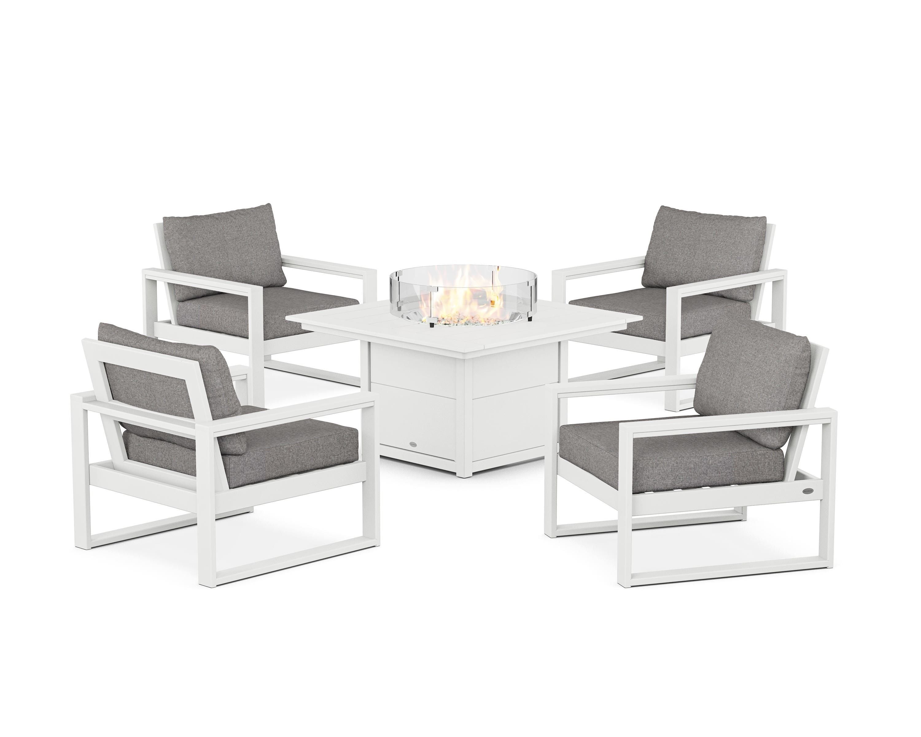 POLYWOOD EDGE Sectional 5-Piece Deep Seating Set with Fire Pit Table in White / Grey Mist