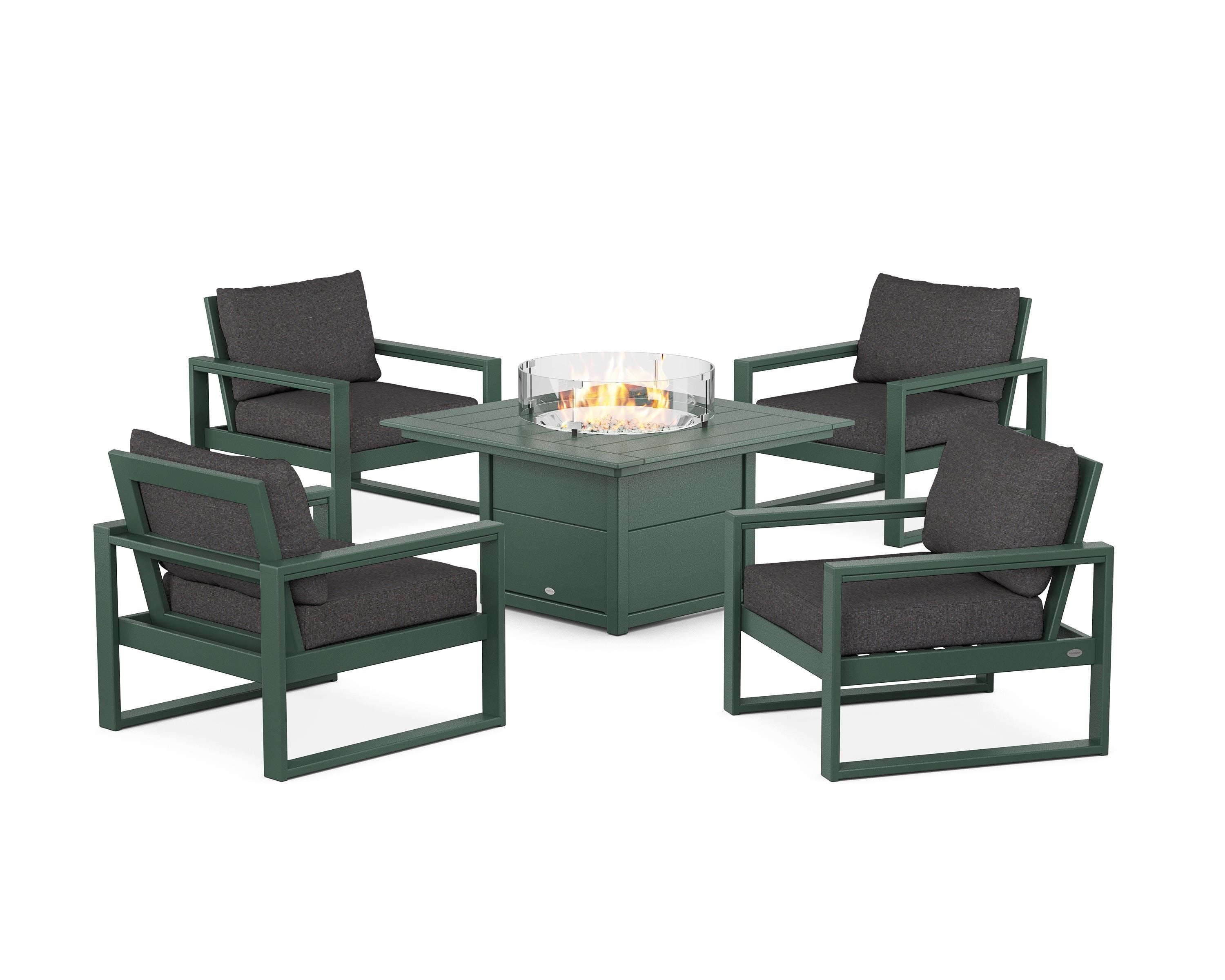 POLYWOOD EDGE Sectional 5-Piece Deep Seating Set with Fire Pit Table in Green / Ash Charcoal