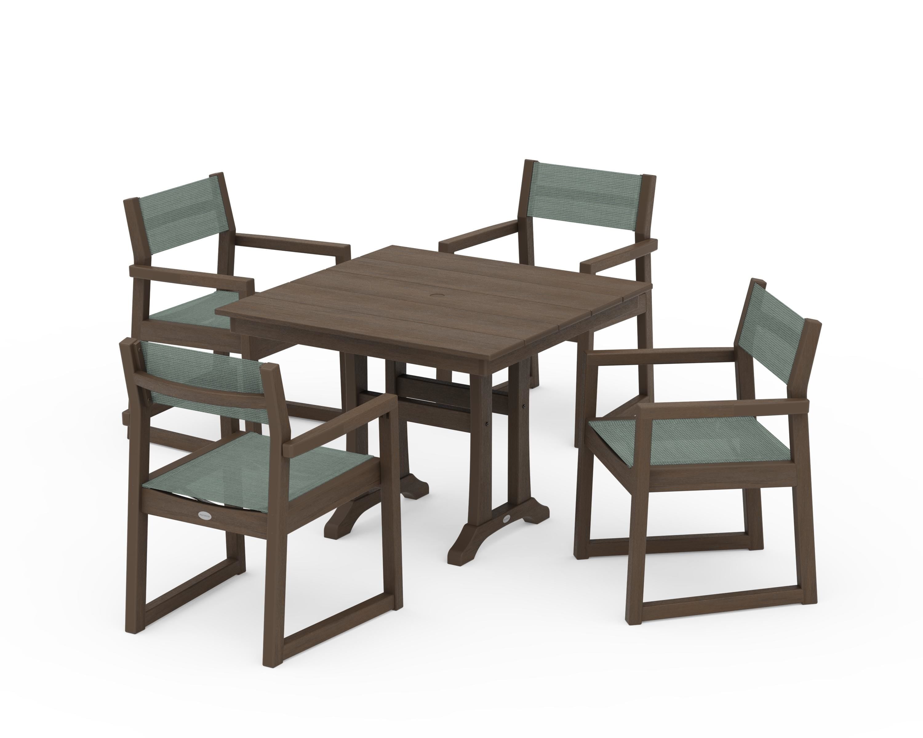 POLYWOOD EDGE Sling 5-Piece Farmhouse Dining Set with Trestle Legs in Kona / Dupioni Sea Mist Sling