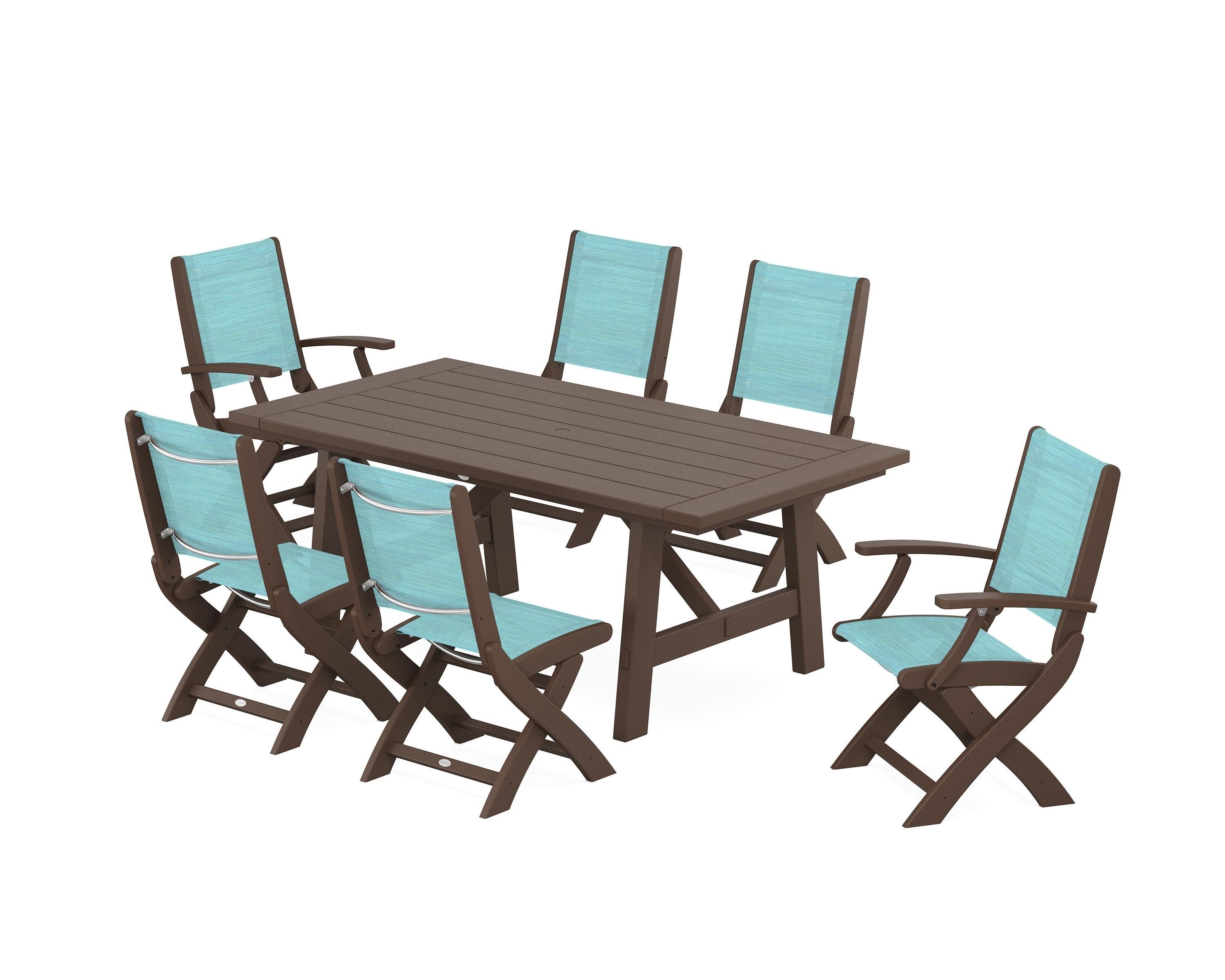 POLYWOOD Coastal Folding Chair 7-Piece Rustic Farmhouse Dining Set in Mahogany / Dupioni Aquamarine Sling